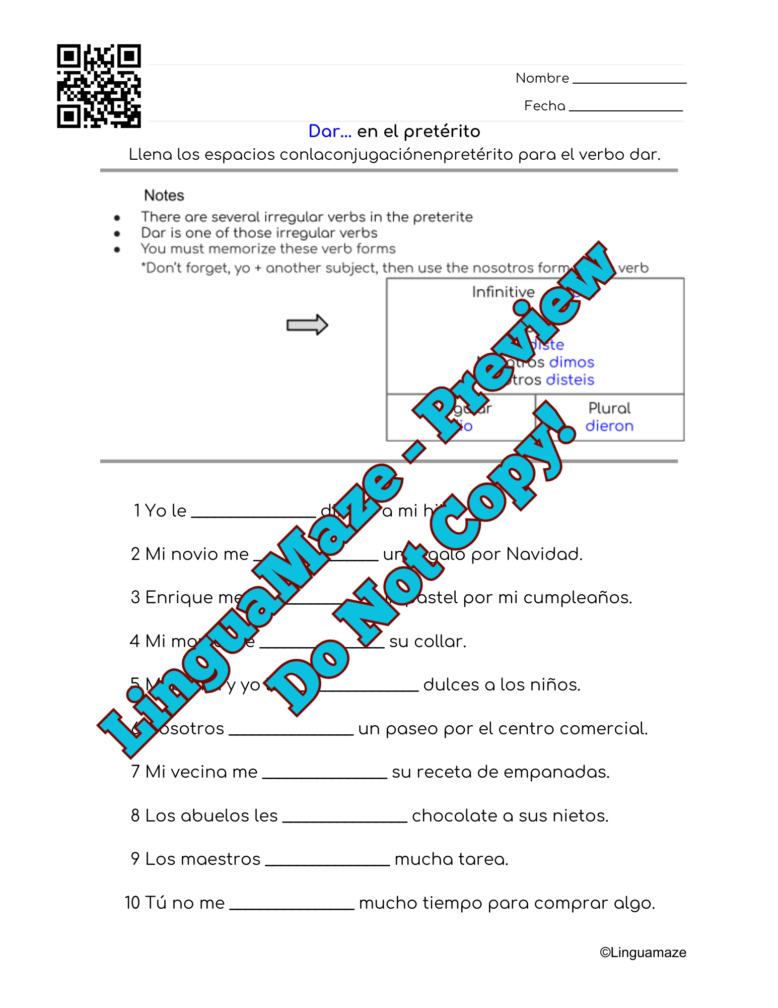 Dar Irregular Spanish Preterite Tense Verb - Image 2