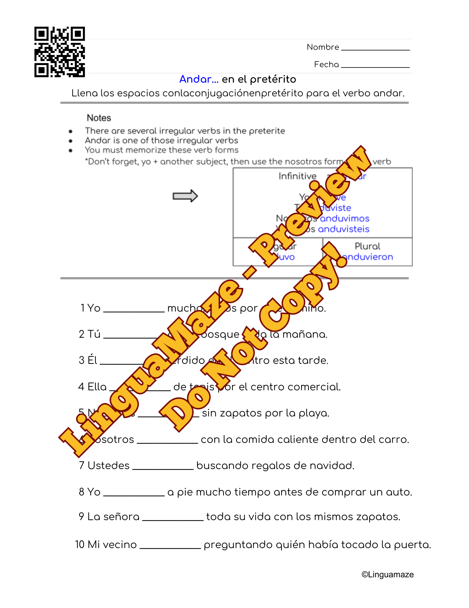 Andar Irregular Spanish Preterite Tense Verb - Image 2