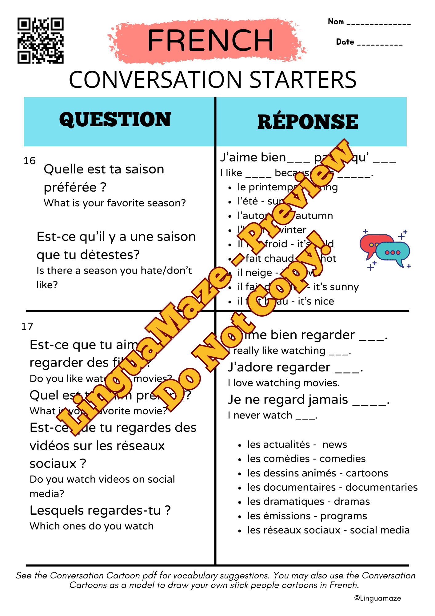 Sample preview page from French Conversation Questions & Guided Prompts - LinguaMaze worksheet
