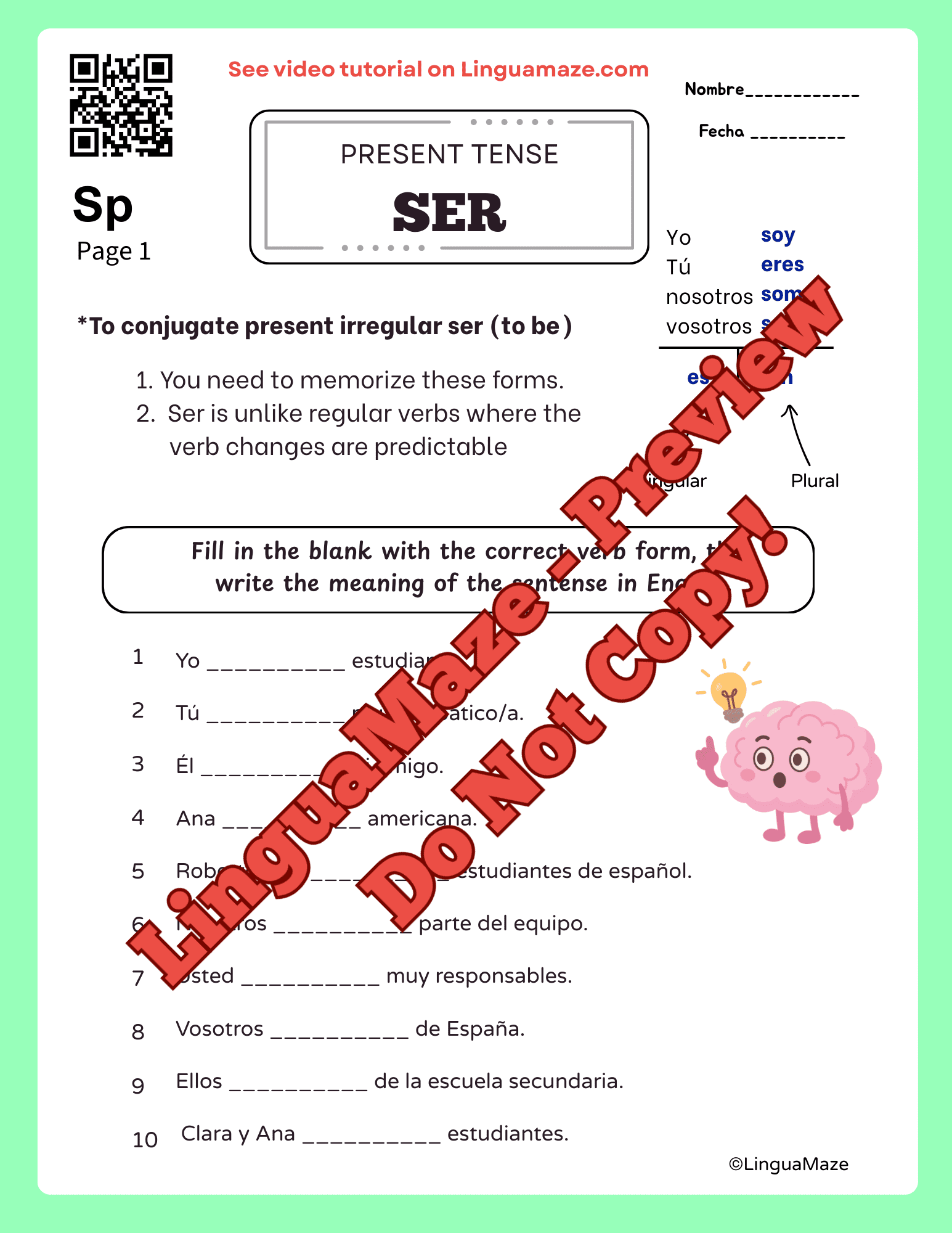 Sample preview page from Spanish Verb SER - Present Tense Worksheets - LinguaMaze worksheet