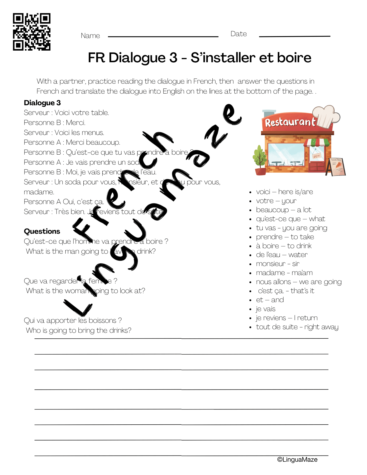 Sample preview page from French Restaurant Dialogues 6 Step PDF and Audio Mini Series - LinguaMaze worksheet