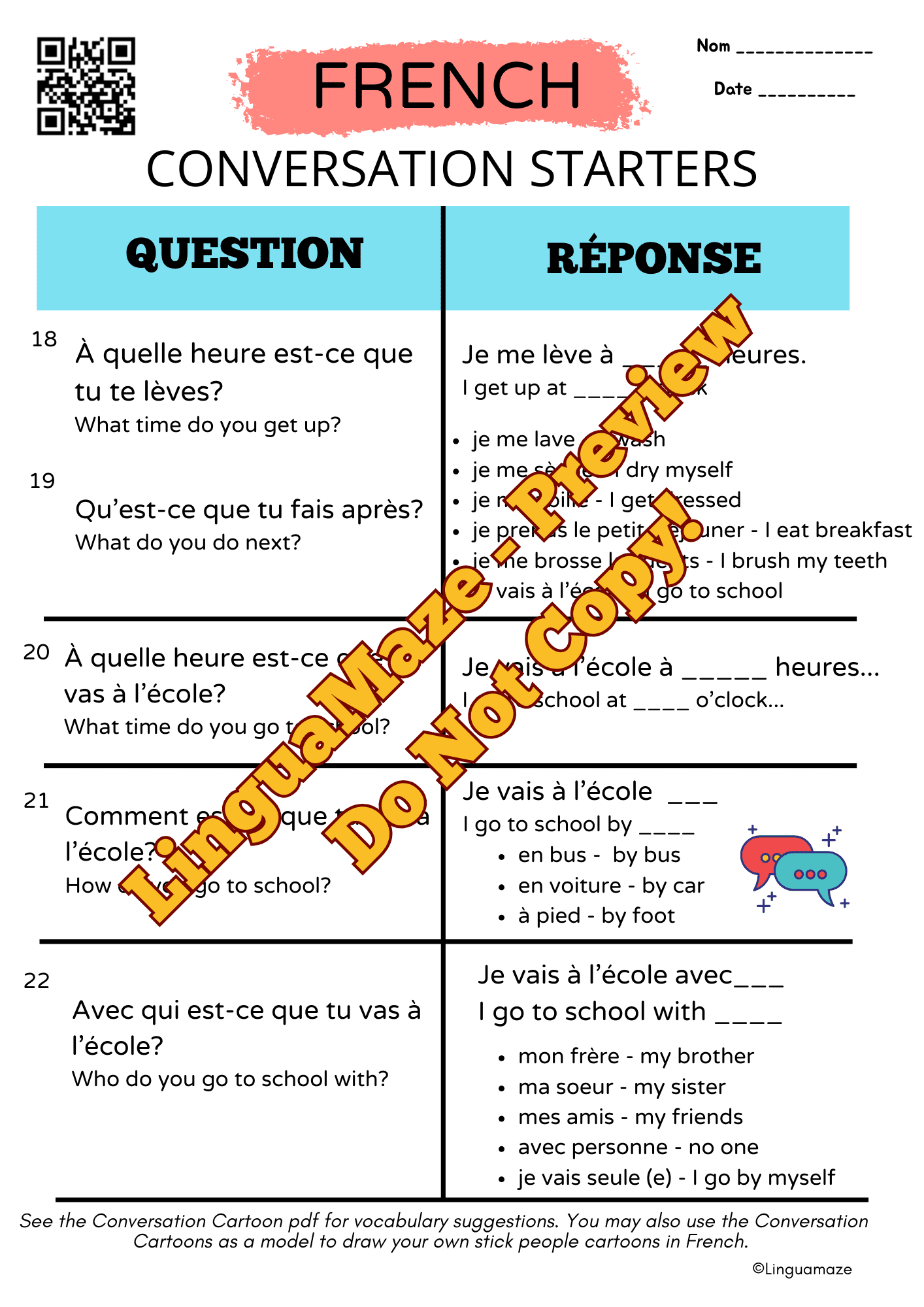 Sample preview page from French Conversation Questions & Guided Prompts - LinguaMaze worksheet