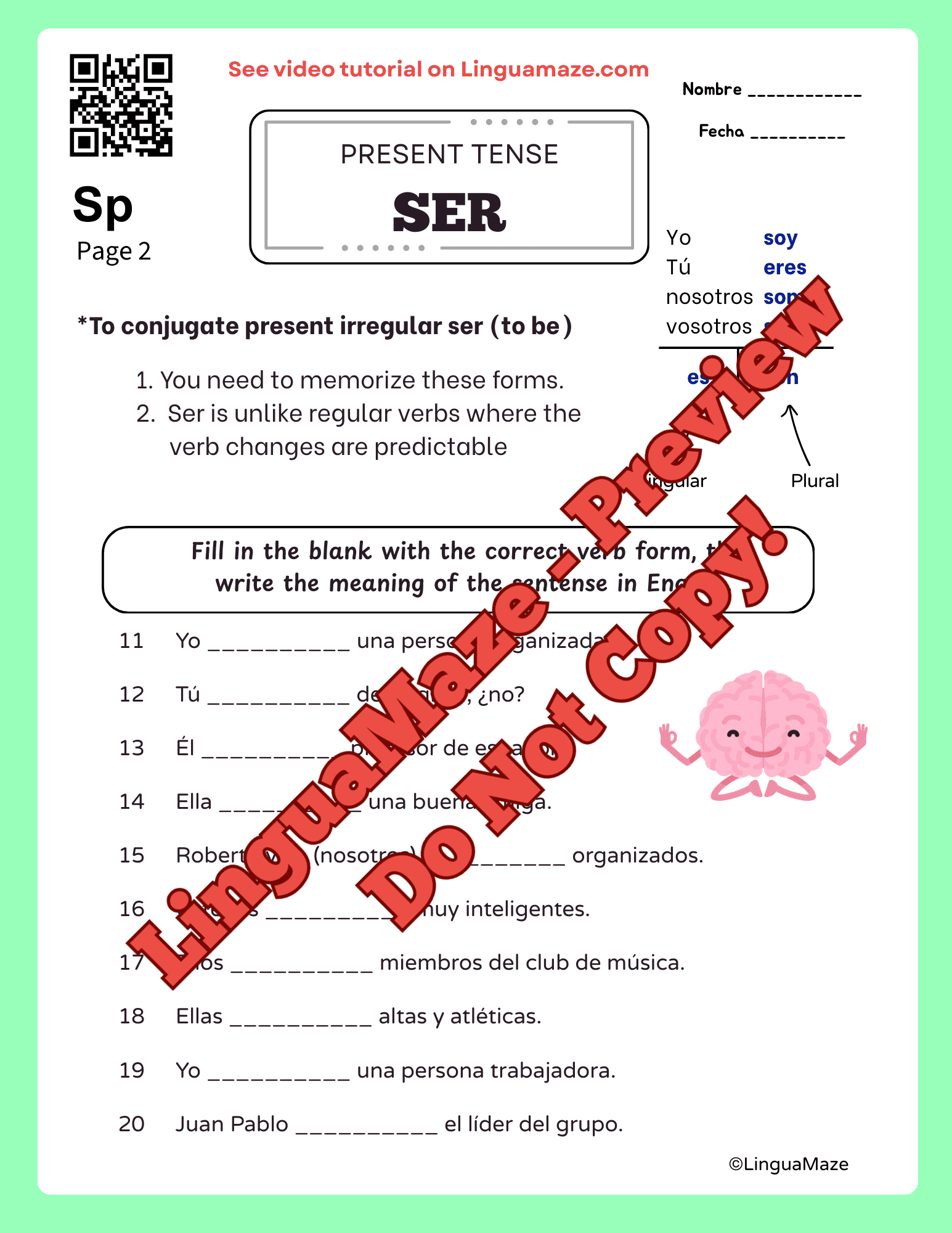 Sample preview page from Spanish Verb SER - Present Tense Worksheets - LinguaMaze worksheet