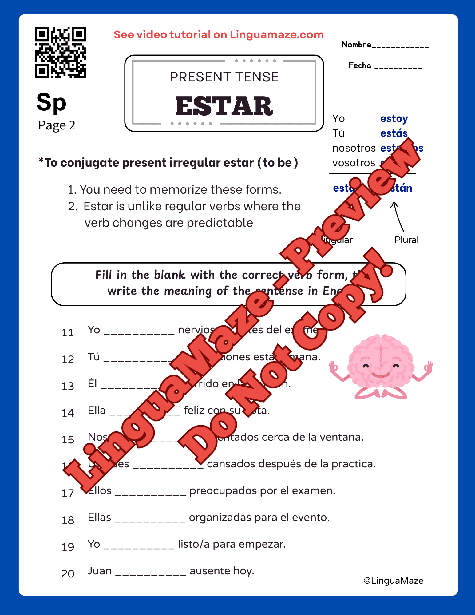 Sample preview page from Spanish Verb Estar - Present Tense Worksheets - LinguaMaze worksheet