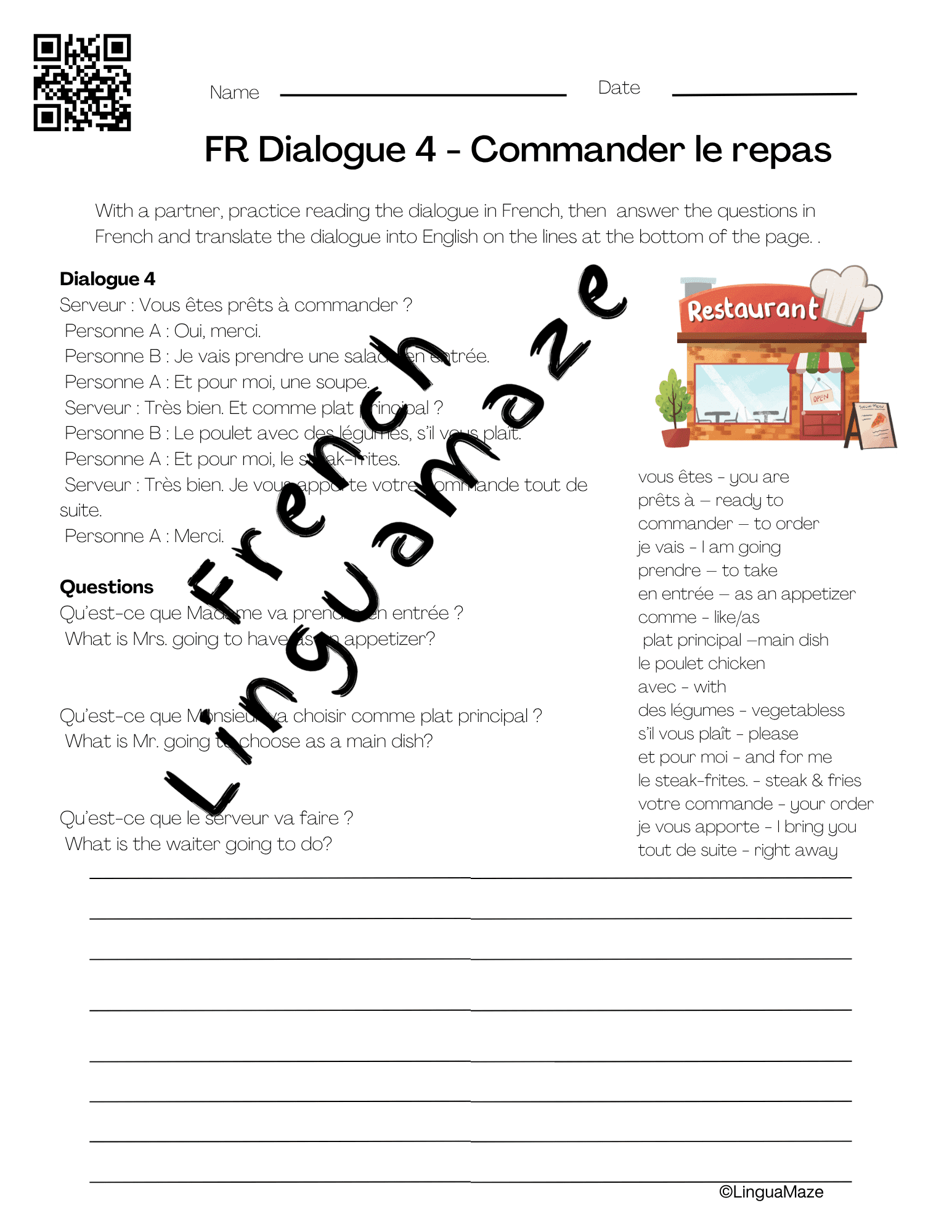 Sample preview page from French Restaurant Dialogues 6 Step PDF and Audio Mini Series - LinguaMaze worksheet
