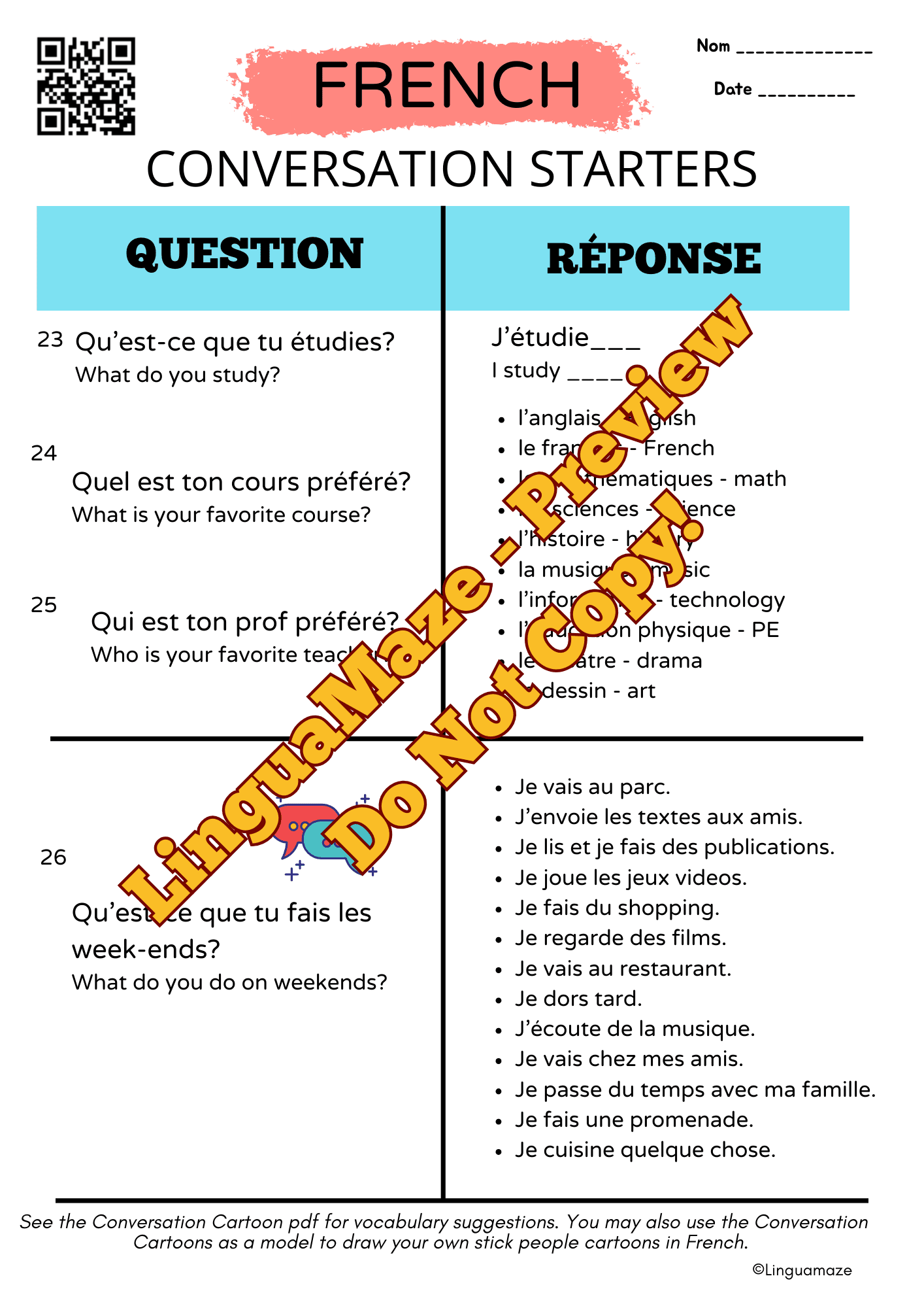Sample preview page from French Conversation Questions & Guided Prompts - LinguaMaze worksheet