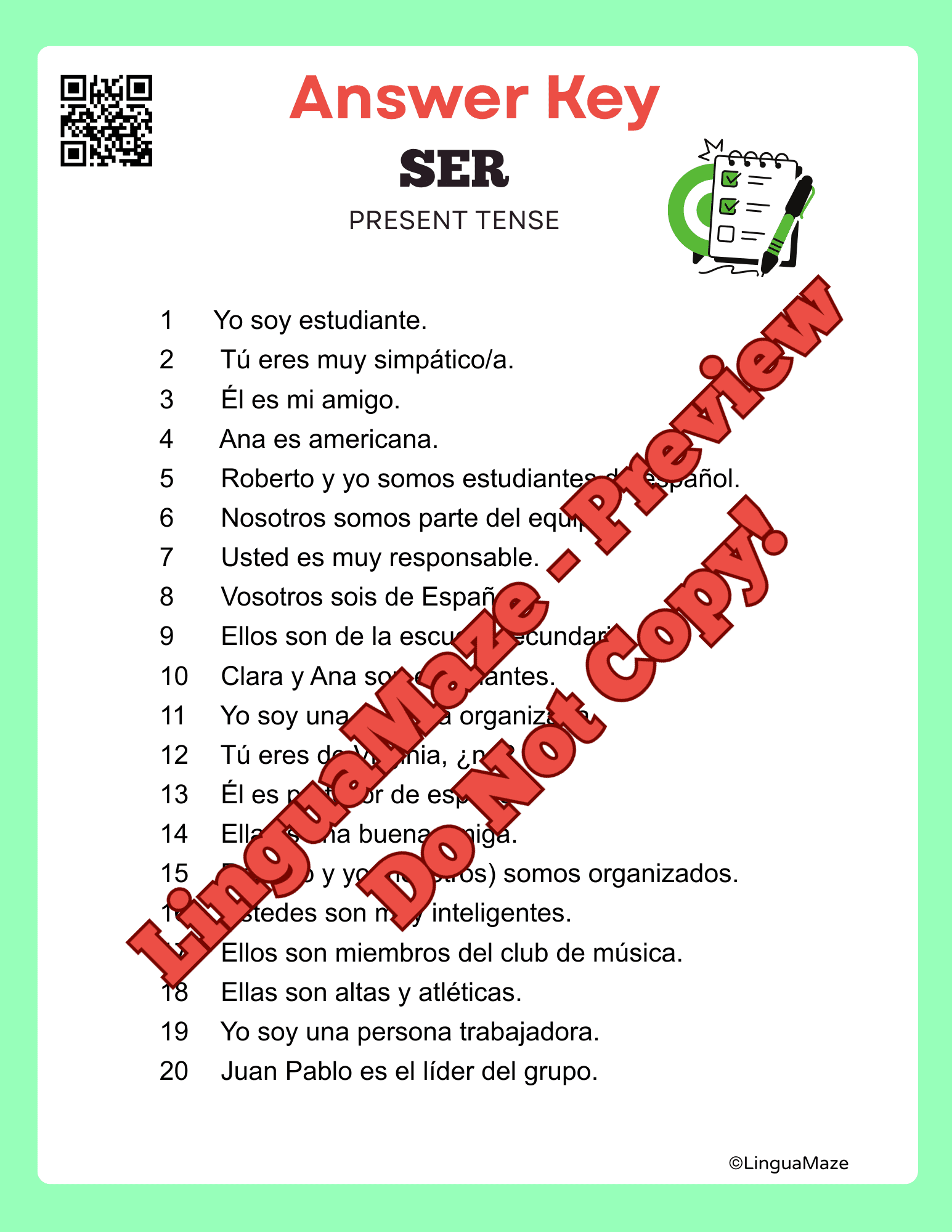 Sample preview page from Spanish Verb SER - Present Tense Worksheets - LinguaMaze worksheet
