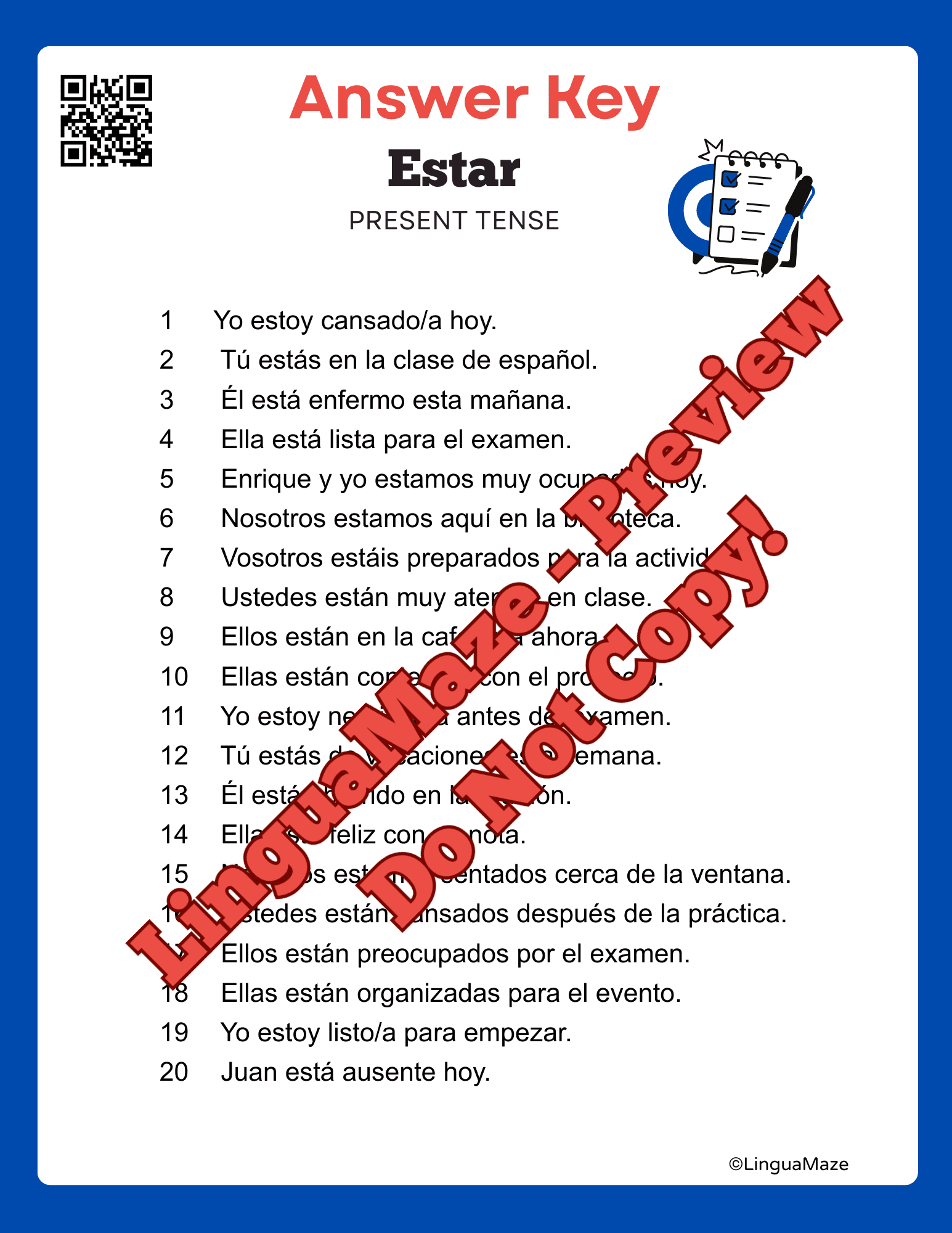 Sample preview page from Spanish Verb Estar - Present Tense Worksheets - LinguaMaze worksheet