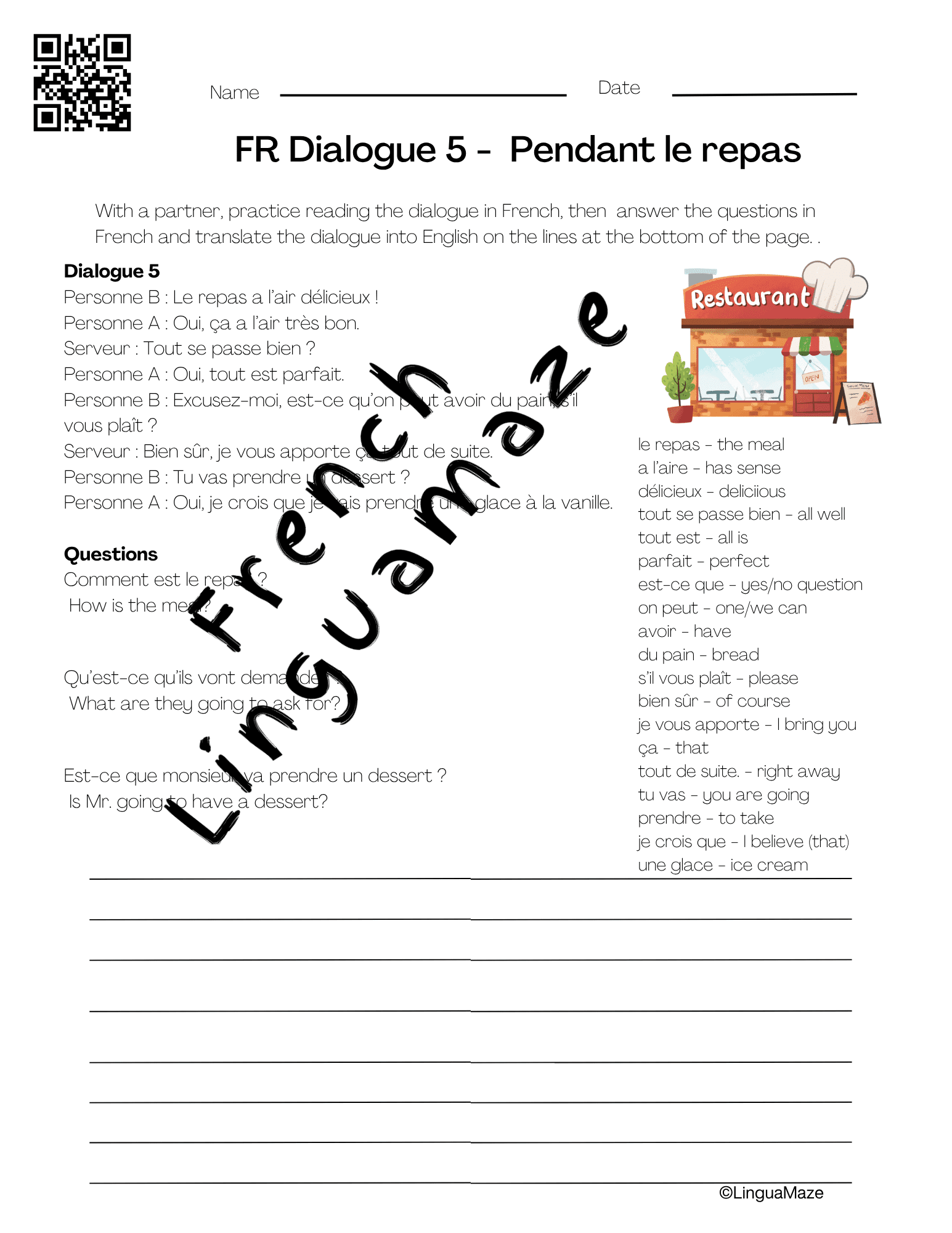 Sample preview page from French Restaurant Dialogues 6 Step PDF and Audio Mini Series - LinguaMaze worksheet