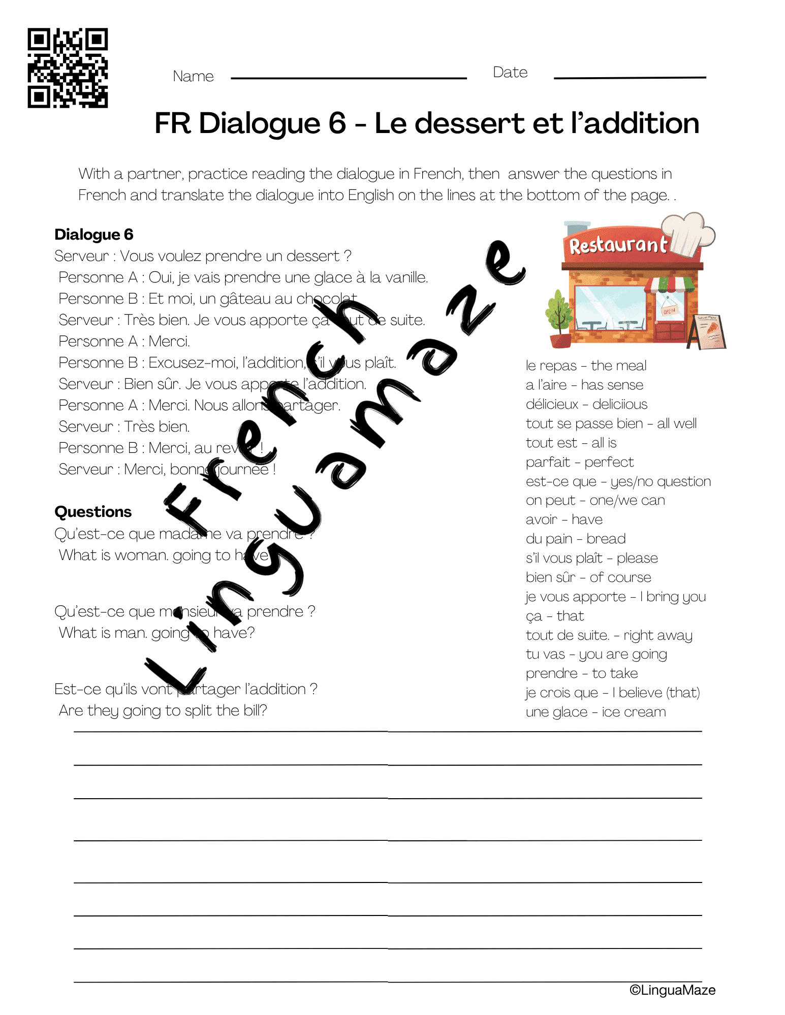 Sample preview page from French Restaurant Dialogues 6 Step PDF and Audio Mini Series - LinguaMaze worksheet