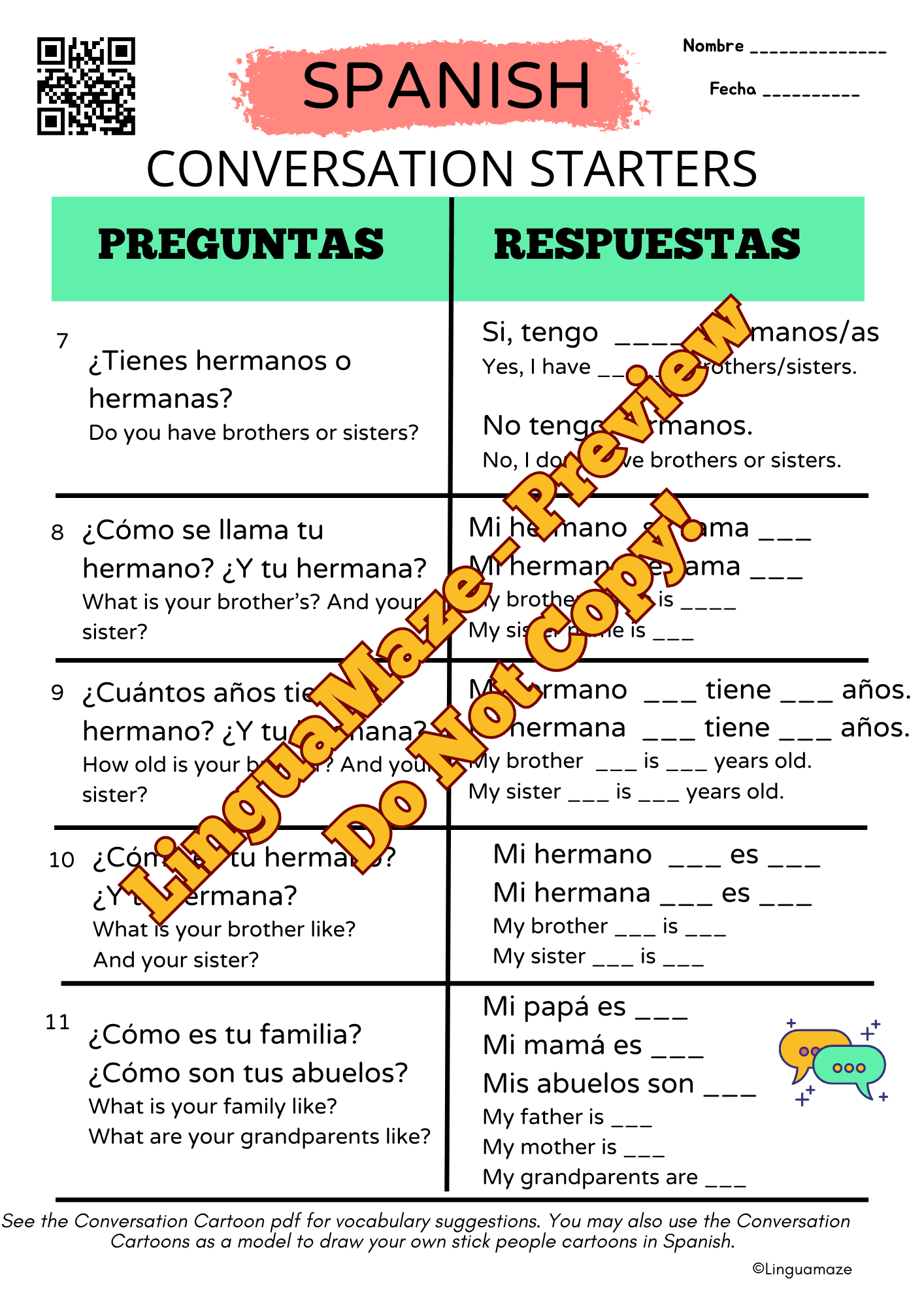 Sample preview page from Spanish Conversation Questions & Guided Prompts - LinguaMaze worksheet