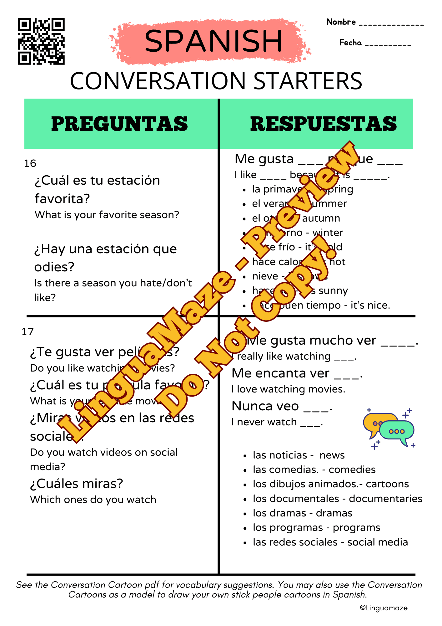 Sample preview page from Spanish Conversation Questions & Guided Prompts - LinguaMaze worksheet