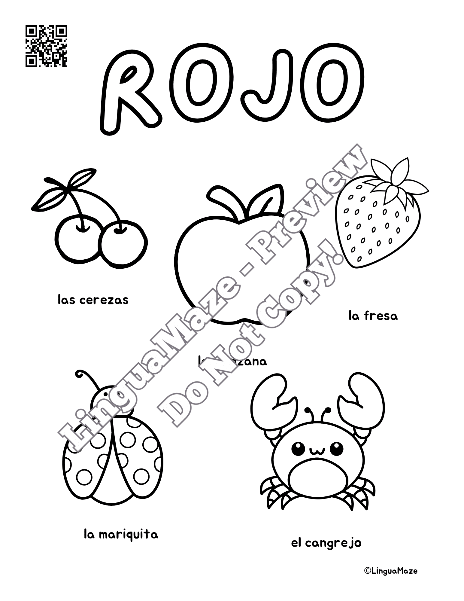 Sample preview page from Spanish Nouns Coloring Sheets - LinguaMaze worksheet