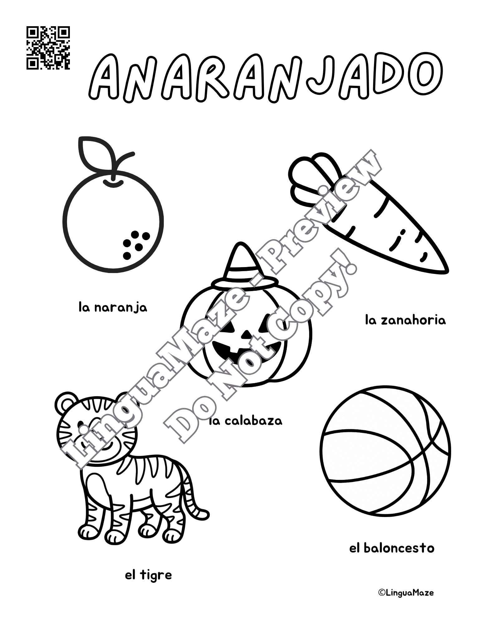 Sample preview page from Spanish Nouns Coloring Sheets - LinguaMaze worksheet