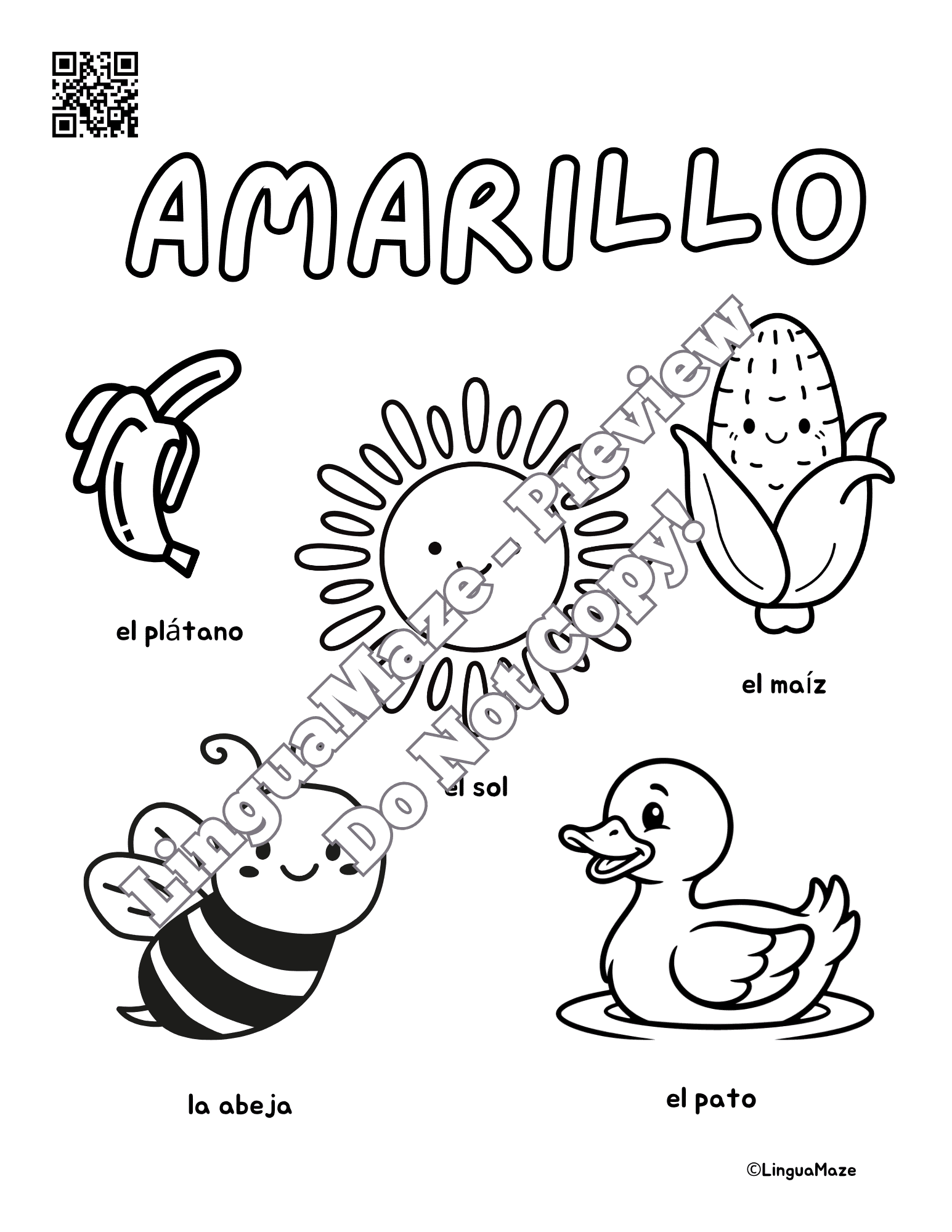 Sample preview page from Spanish Nouns Coloring Sheets - LinguaMaze worksheet