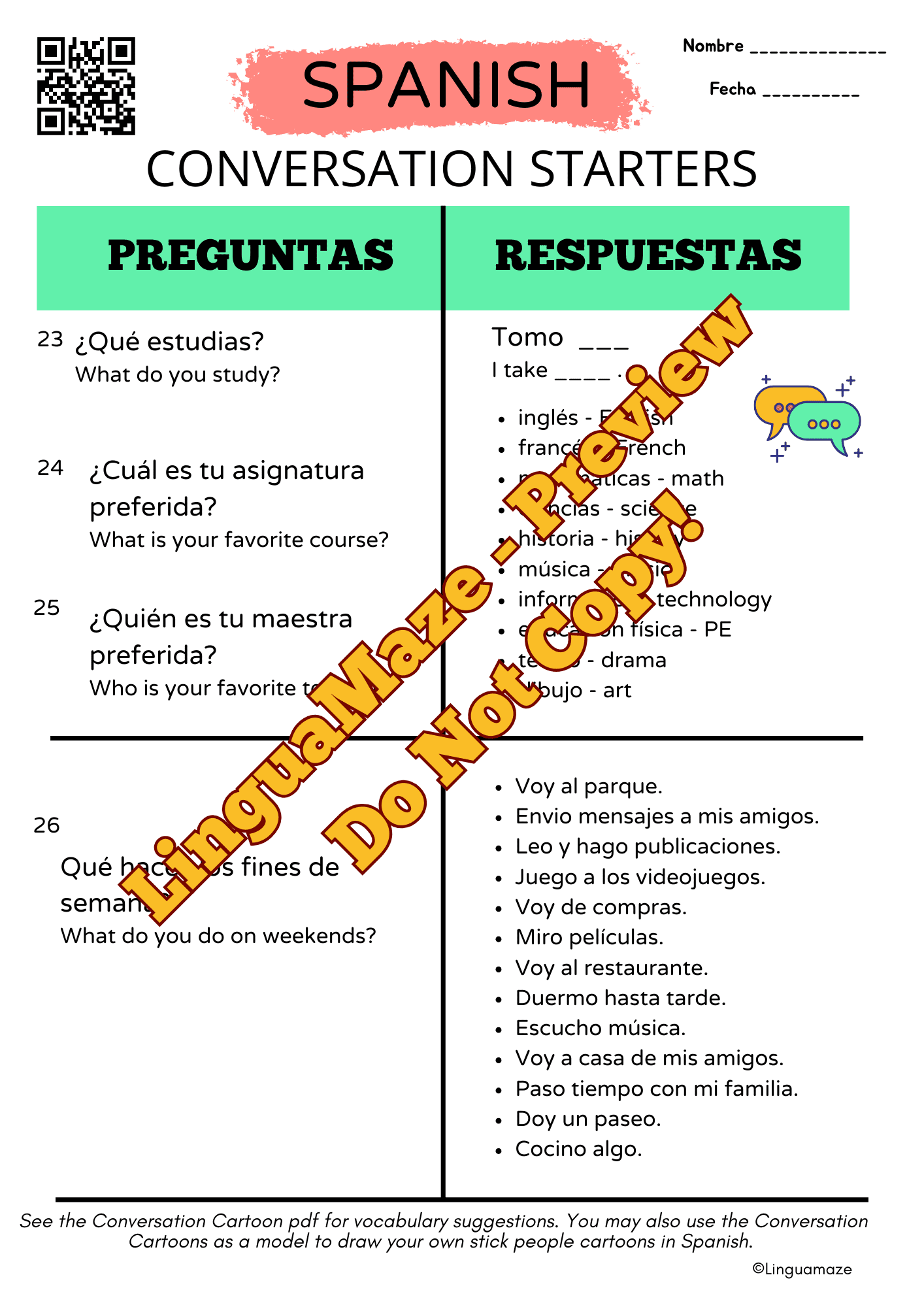 Sample preview page from Spanish Conversation Questions & Guided Prompts - LinguaMaze worksheet