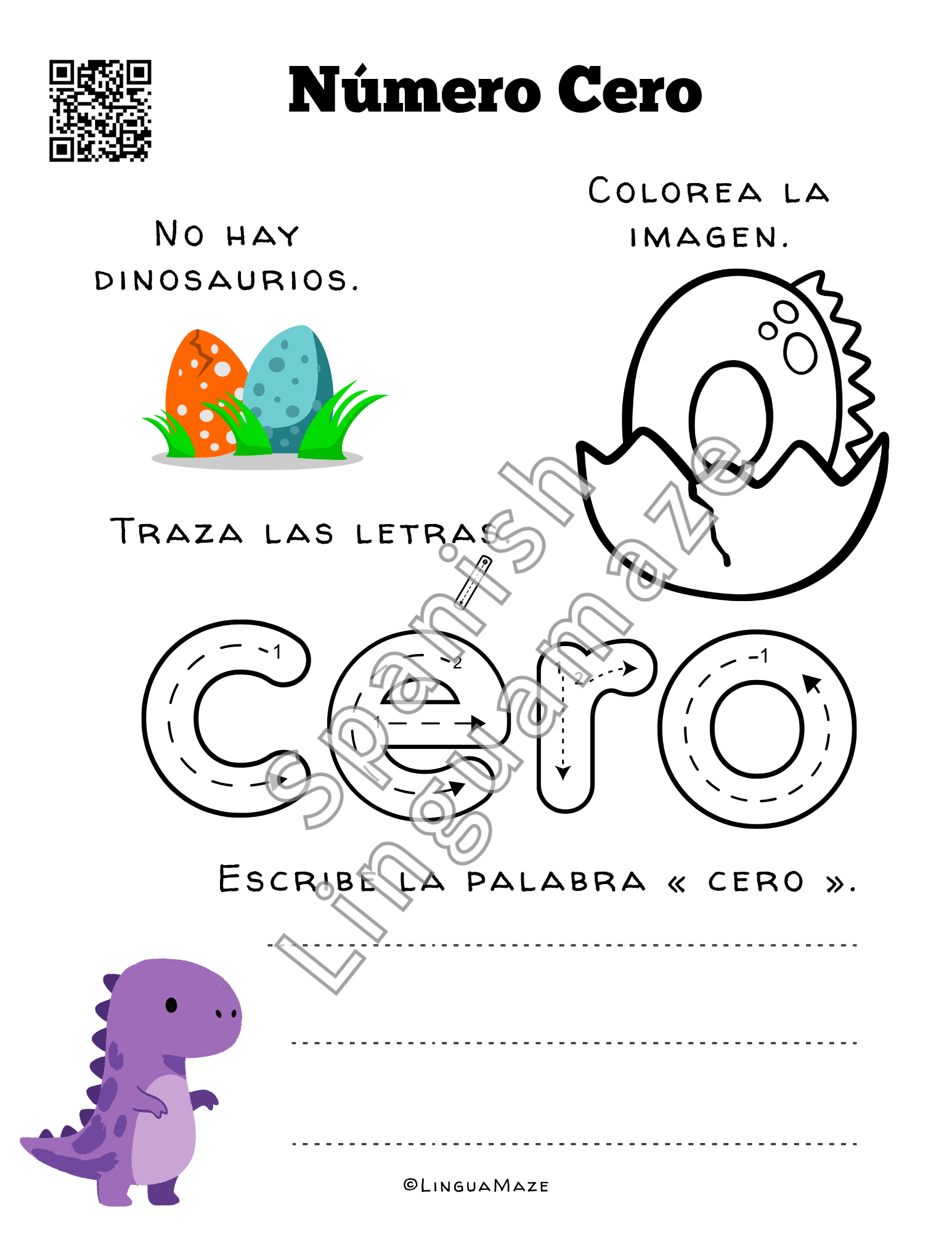 Sample preview page from Spanish Numbers 0 – 10 Color, Trace & Learn - LinguaMaze worksheet