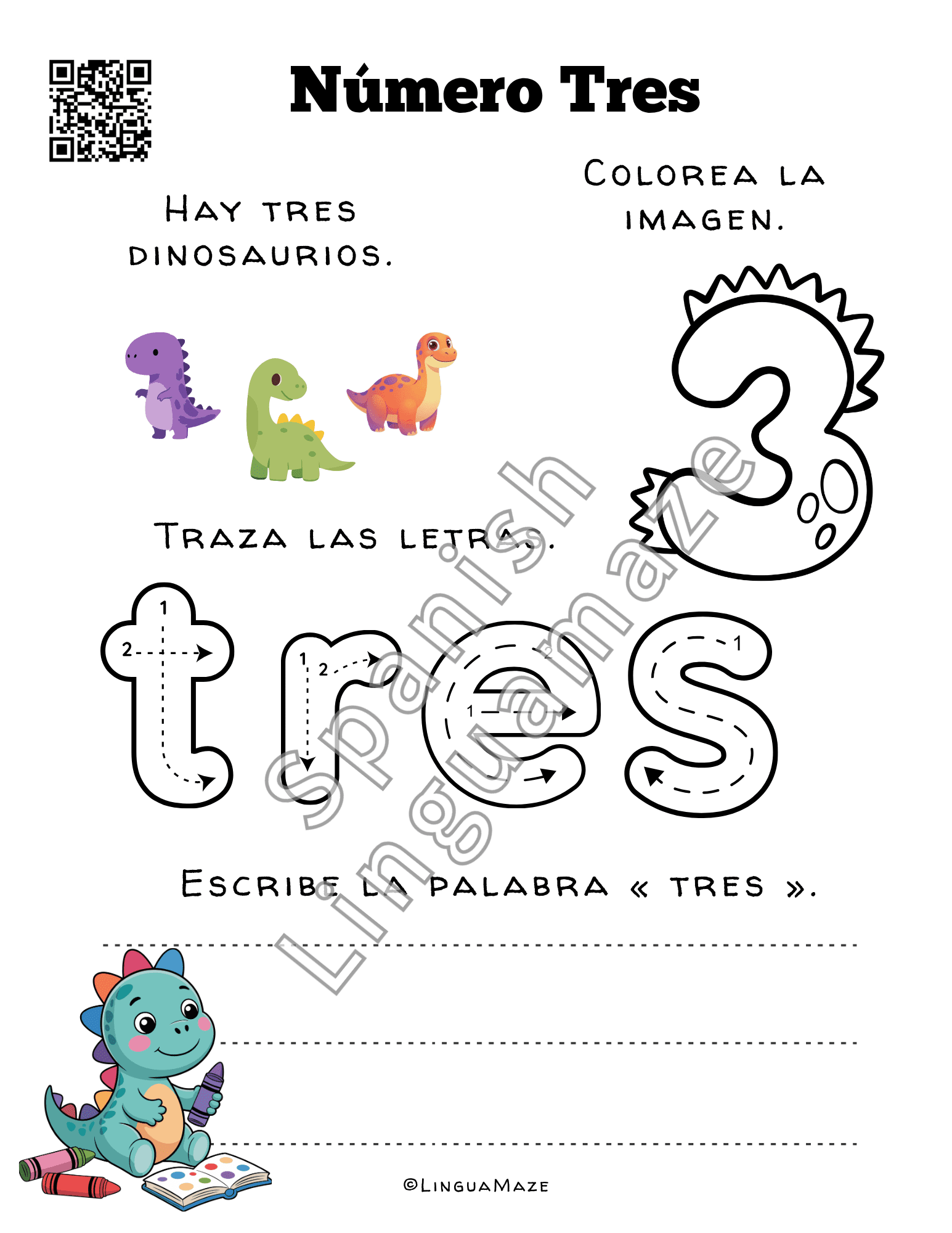Sample preview page from Spanish Numbers 0 – 10 Color, Trace & Learn - LinguaMaze worksheet