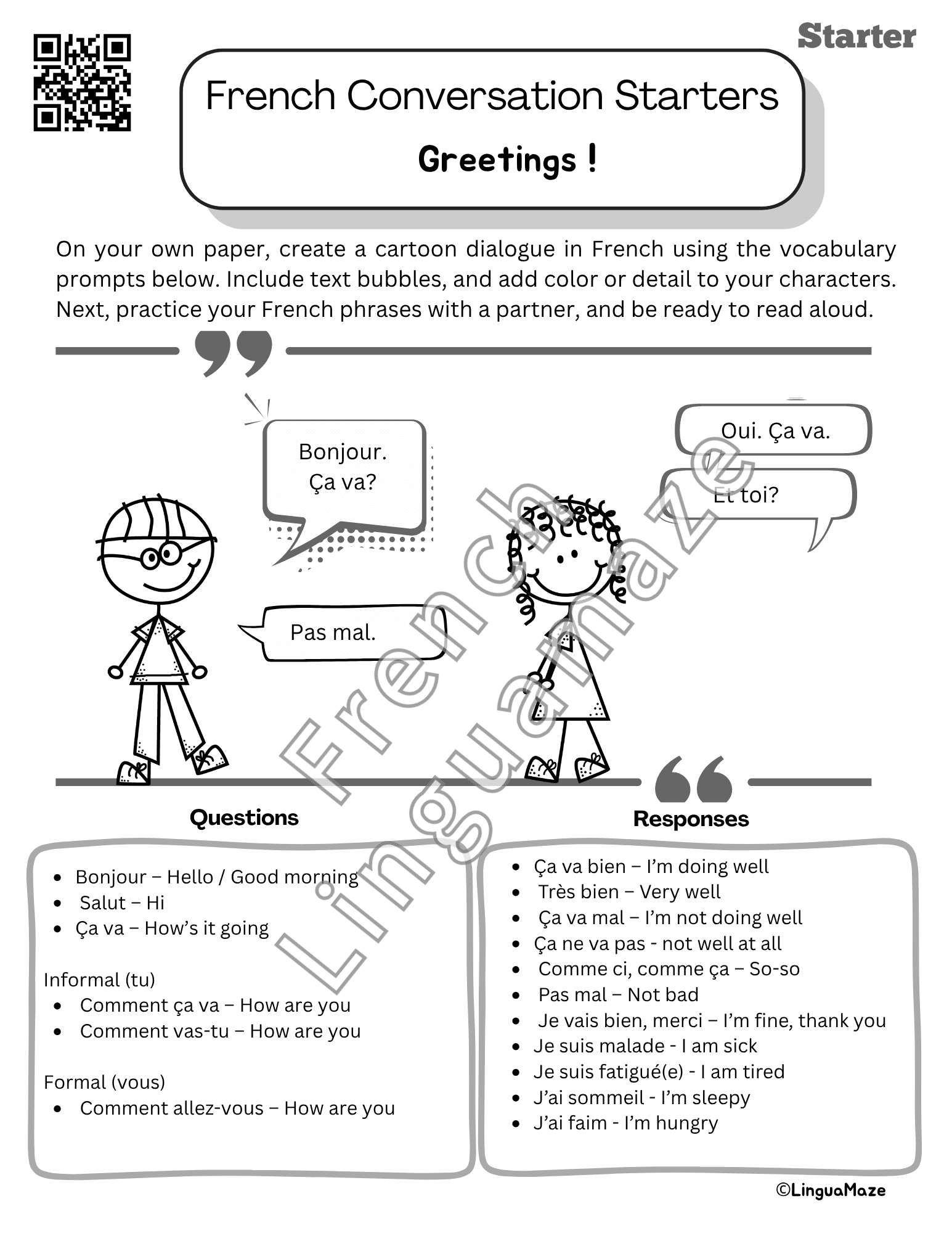 Sample preview page from French Cartoon Conversation Starters – 5 Minute French - LinguaMaze worksheet