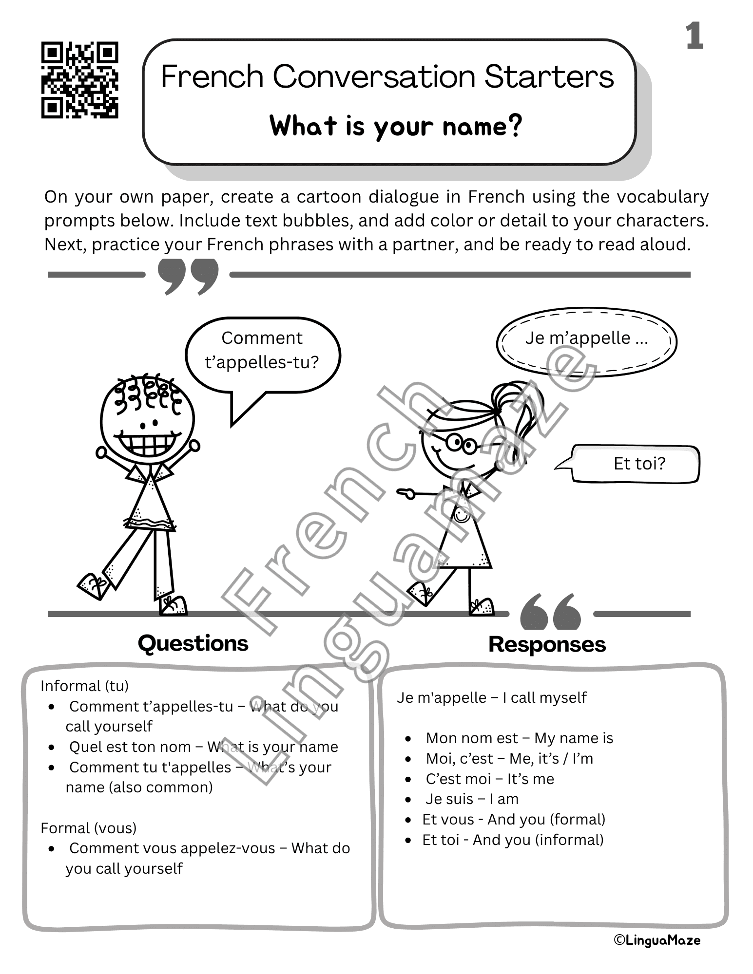 Sample preview page from French Cartoon Conversation Starters – 5 Minute French - LinguaMaze worksheet