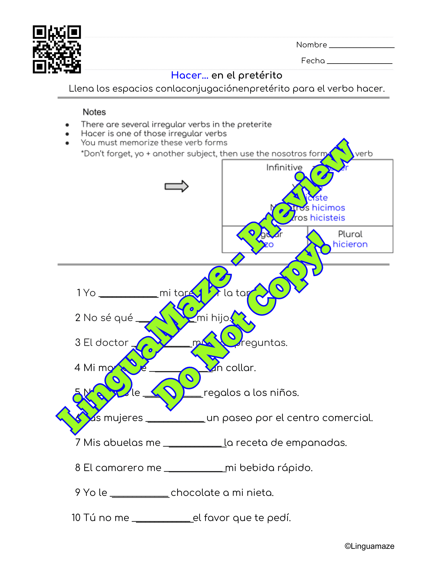 Sample preview page from Hacer Irregular Spanish Preterite Verb - LinguaMaze worksheet