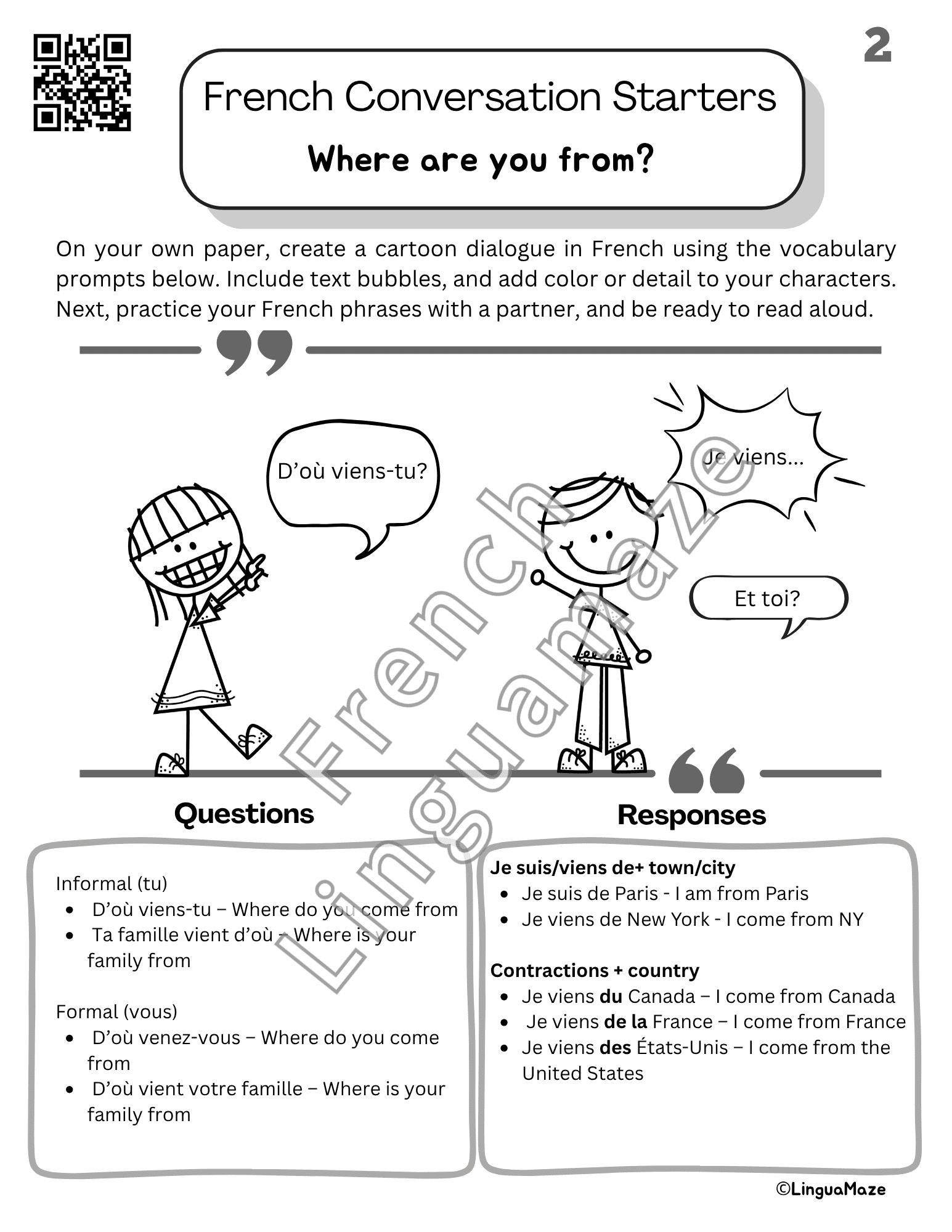Sample preview page from French Cartoon Conversation Starters – 5 Minute French - LinguaMaze worksheet