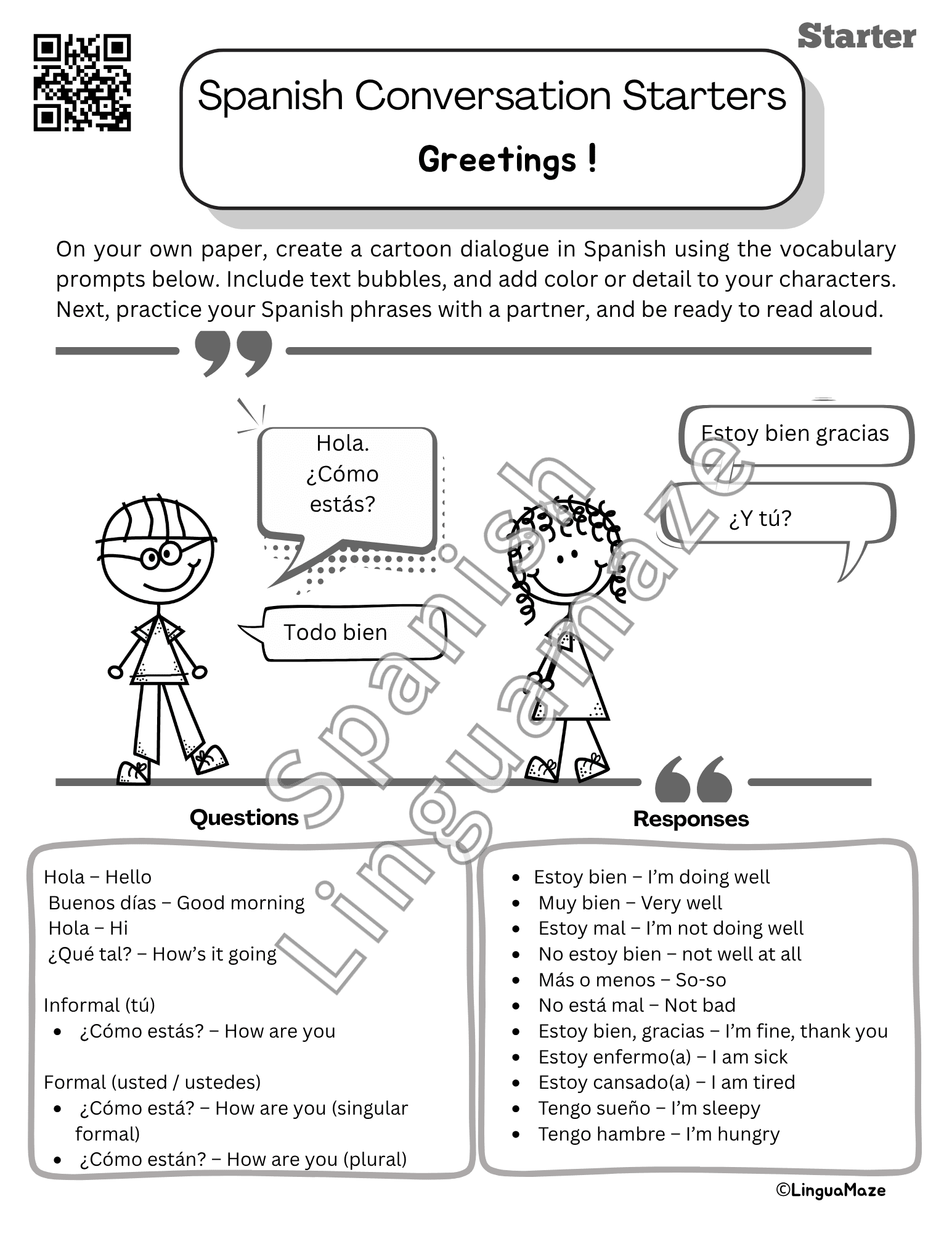 Sample preview page from Spanish Cartoon Conversation Starters – 5 Minute Spanish - LinguaMaze worksheet