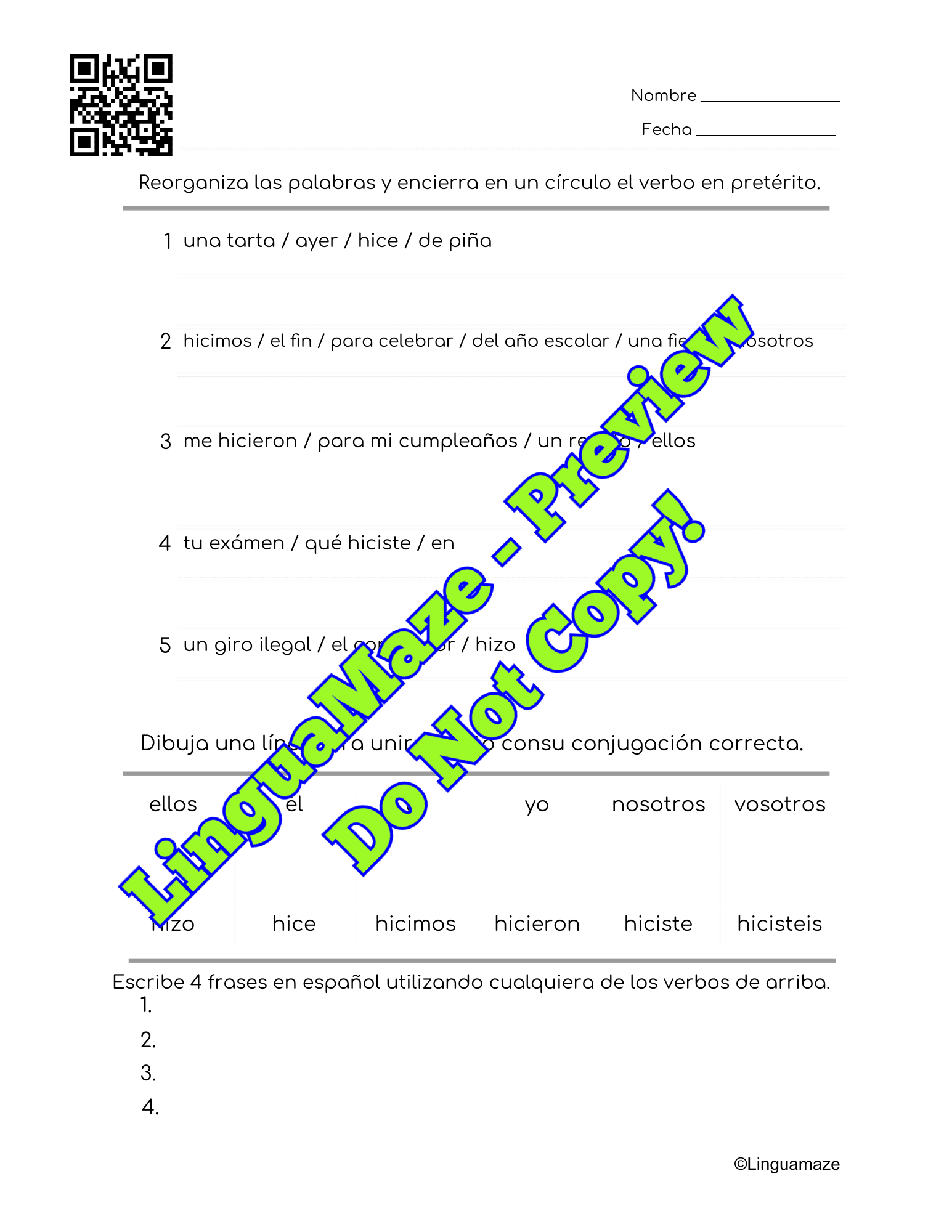 Sample preview page from Hacer Irregular Spanish Preterite Verb - LinguaMaze worksheet