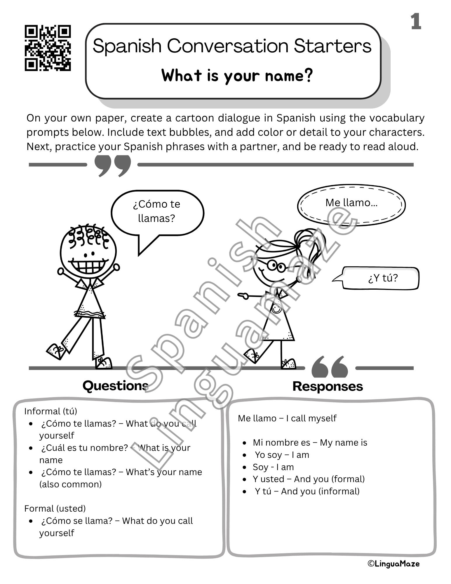 Sample preview page from Spanish Cartoon Conversation Starters – 5 Minute Spanish - LinguaMaze worksheet
