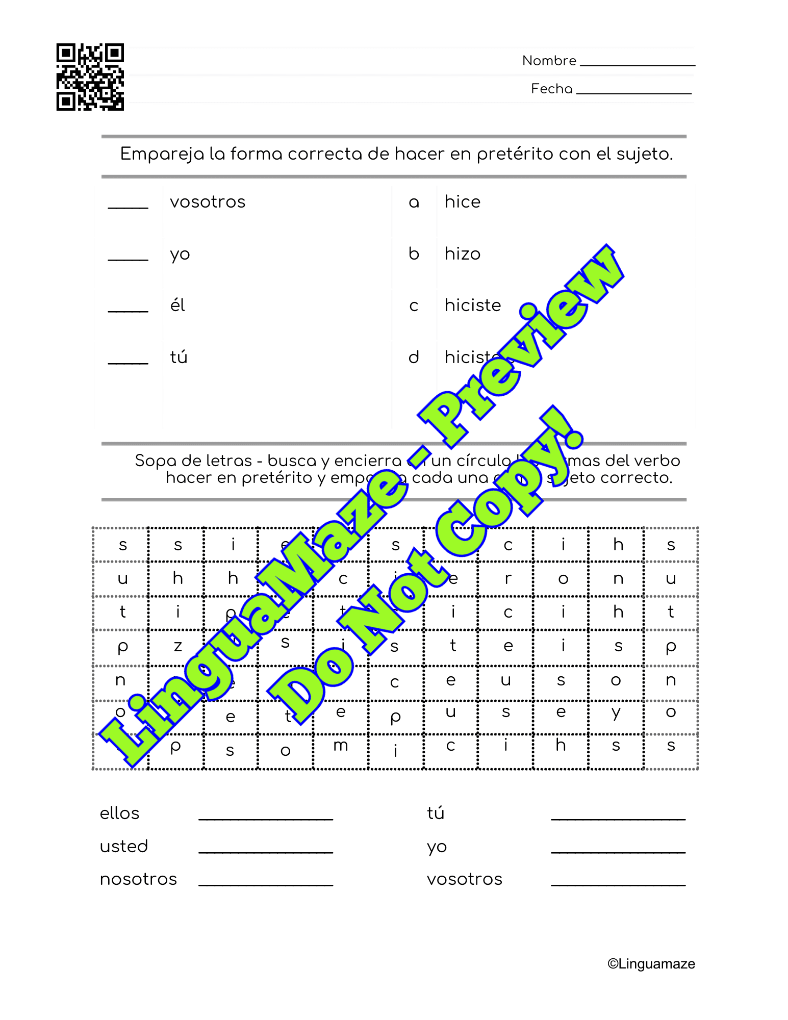 Sample preview page from Hacer Irregular Spanish Preterite Verb - LinguaMaze worksheet
