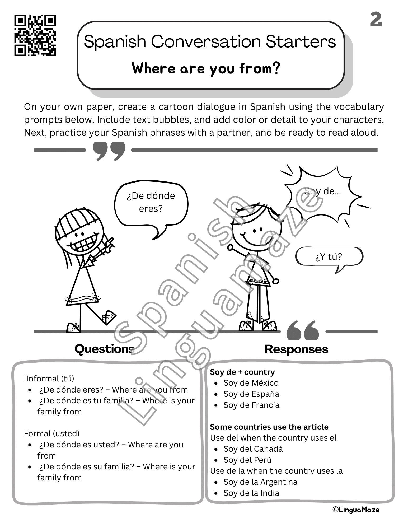 Sample preview page from Spanish Cartoon Conversation Starters – 5 Minute Spanish - LinguaMaze worksheet