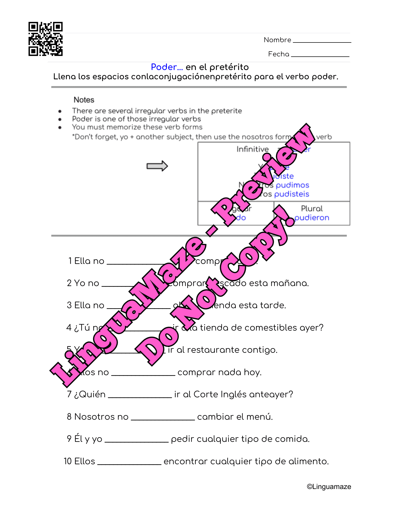 Sample preview page from Poder Irregular Spanish Preterite Verb - LinguaMaze worksheet