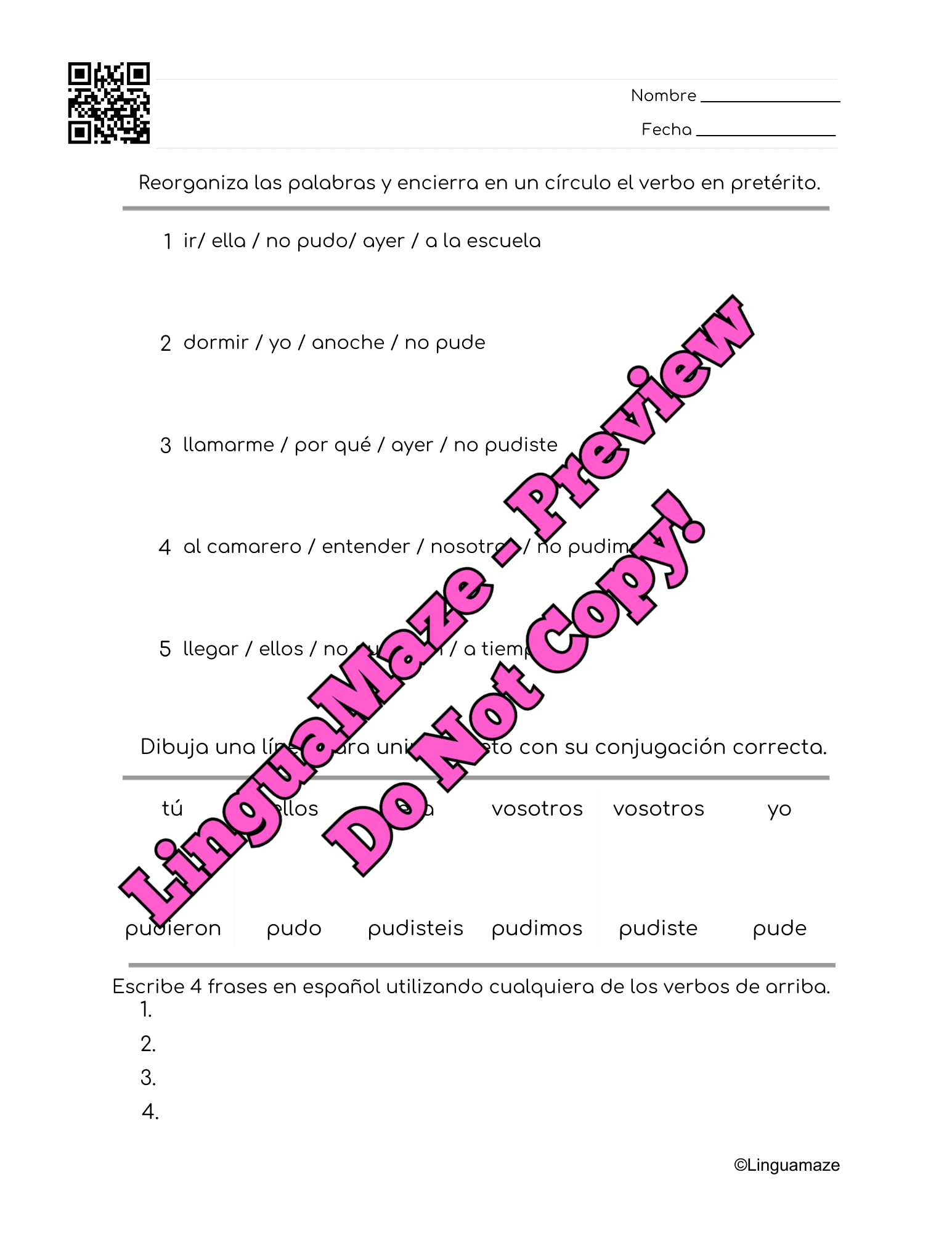 Sample preview page from Poder Irregular Spanish Preterite Verb - LinguaMaze worksheet