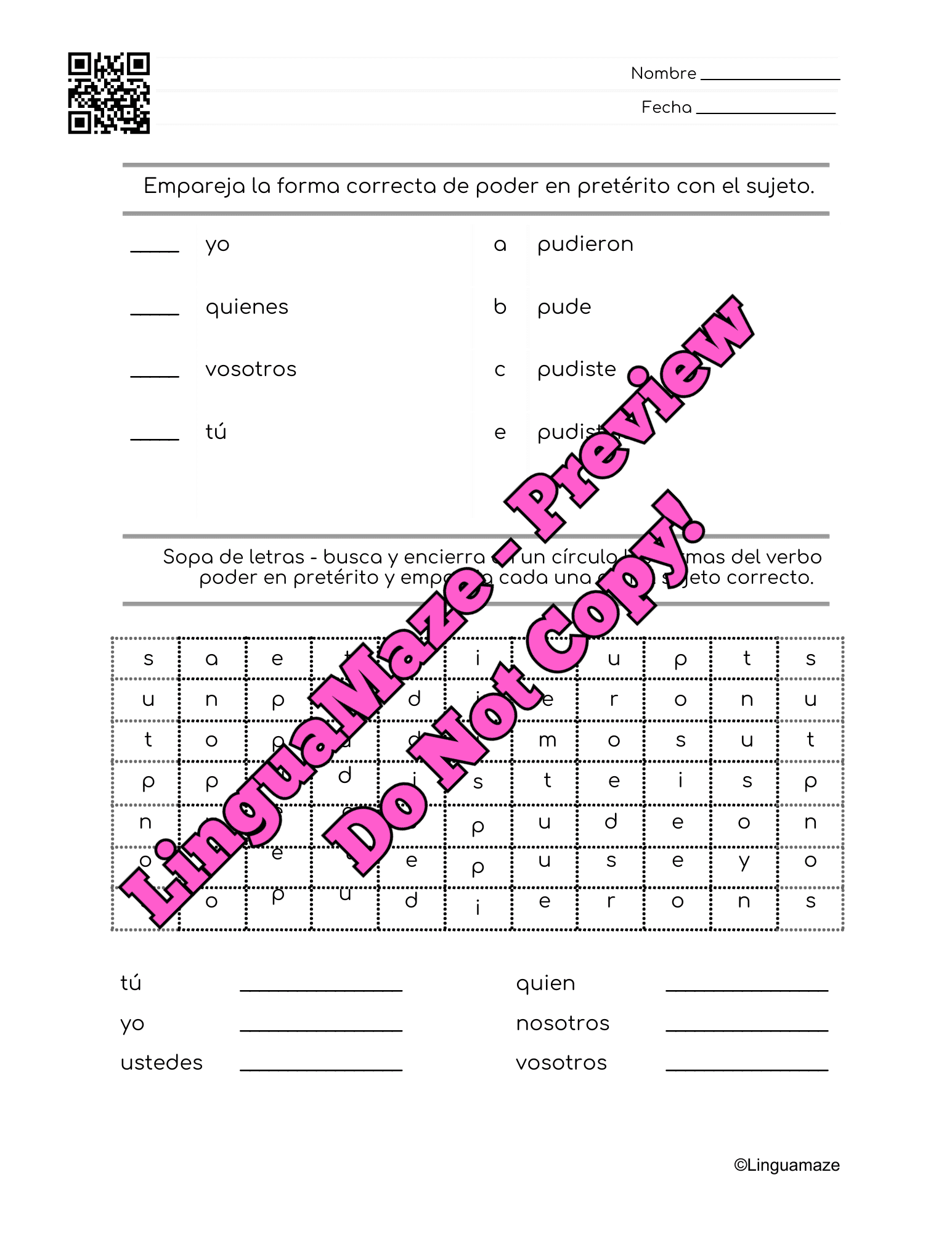 Sample preview page from Poder Irregular Spanish Preterite Verb - LinguaMaze worksheet