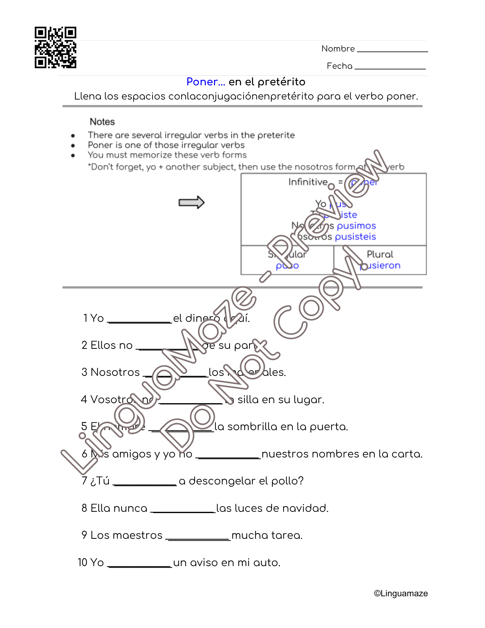 Sample preview page from Poner Irregular Spanish Preterite Verb - LinguaMaze worksheet