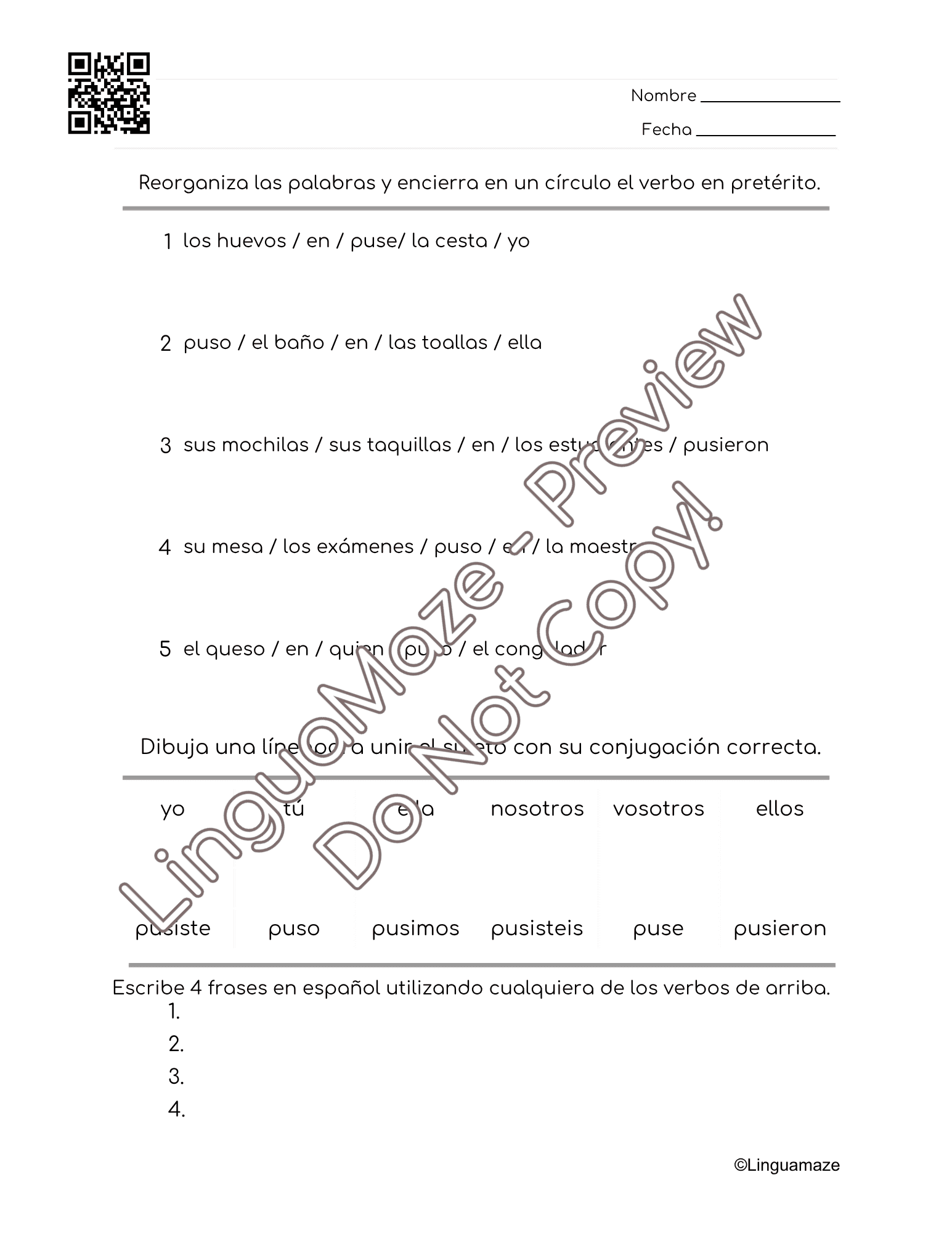 Sample preview page from Poner Irregular Spanish Preterite Verb - LinguaMaze worksheet