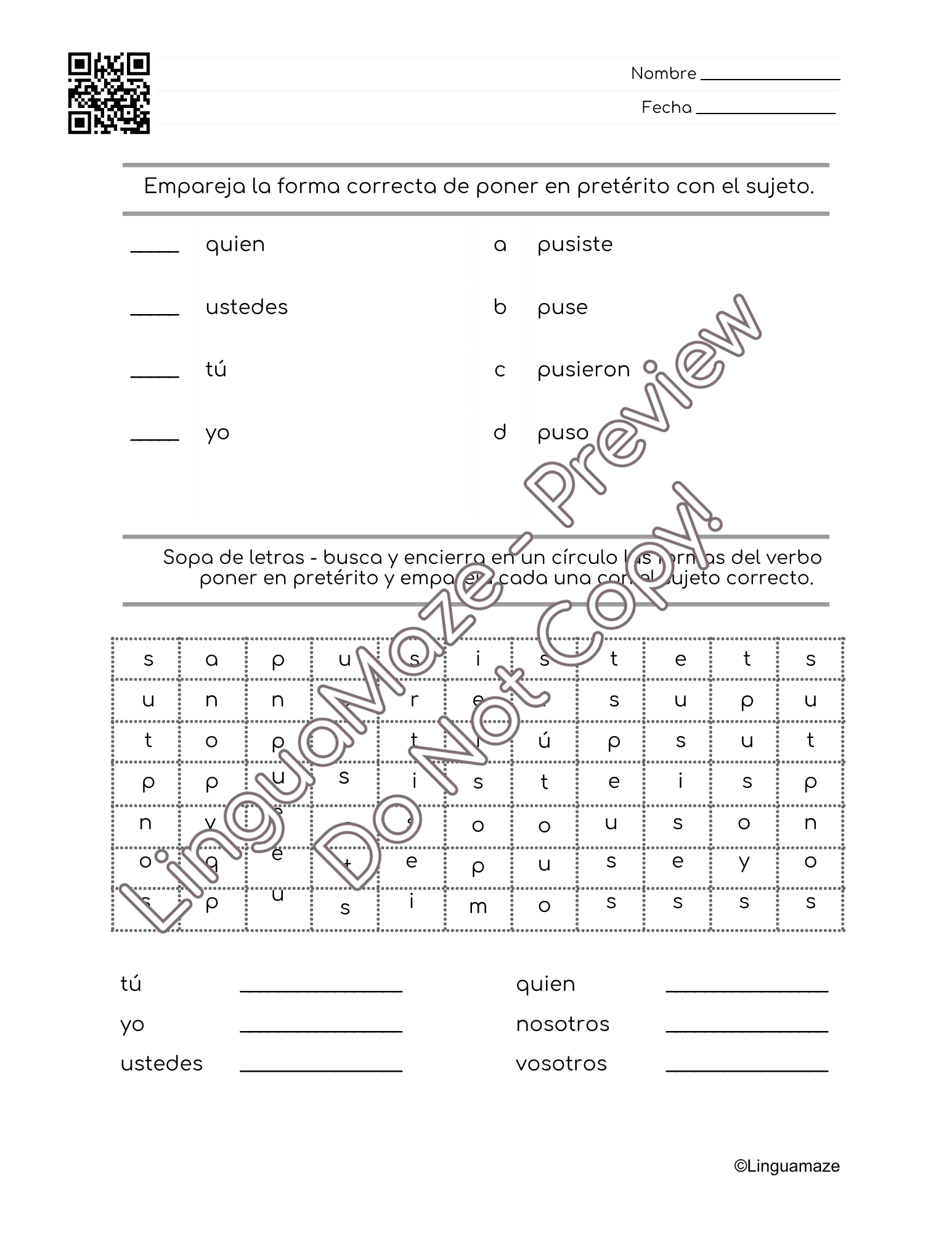 Sample preview page from Poner Irregular Spanish Preterite Verb - LinguaMaze worksheet