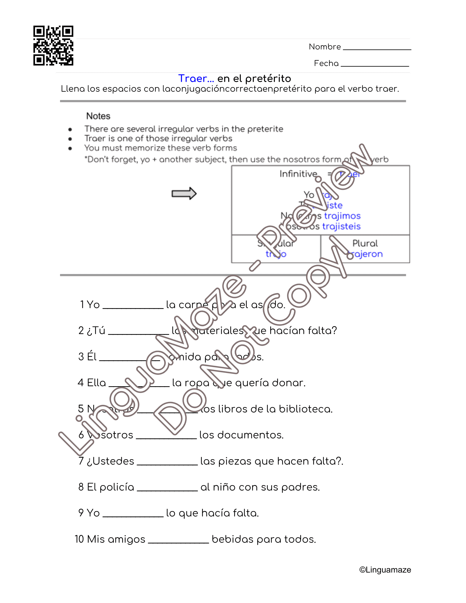 Sample preview page from Traer Irregular Spanish Preterite Verb - LinguaMaze worksheet