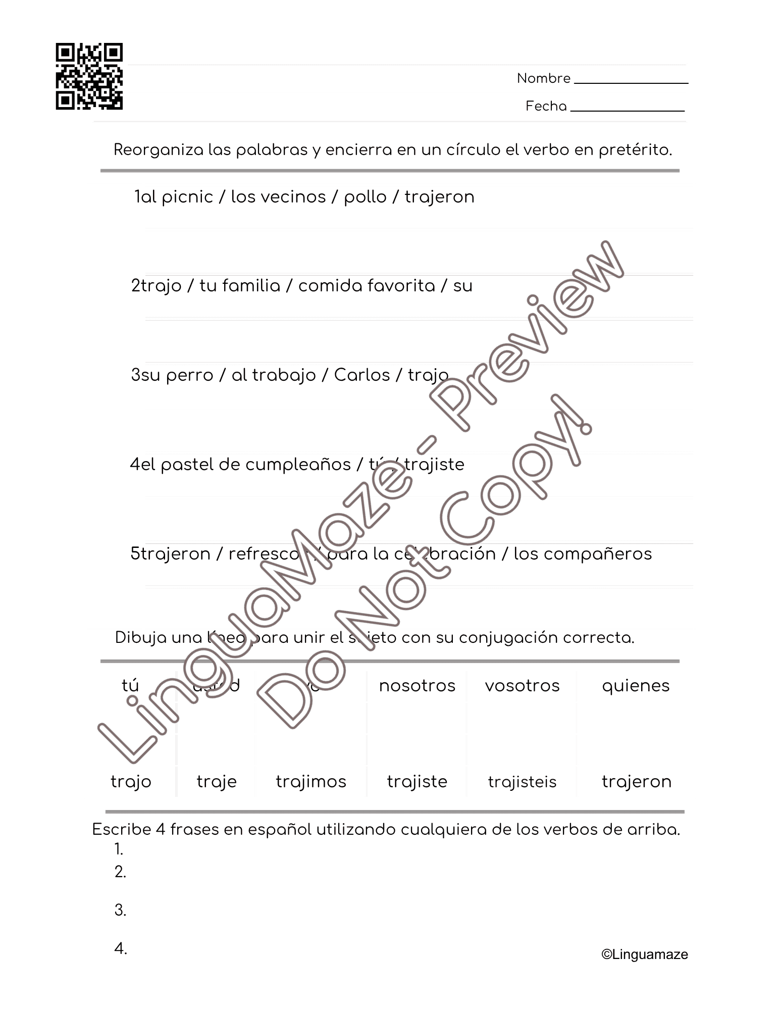Sample preview page from Traer Irregular Spanish Preterite Verb - LinguaMaze worksheet