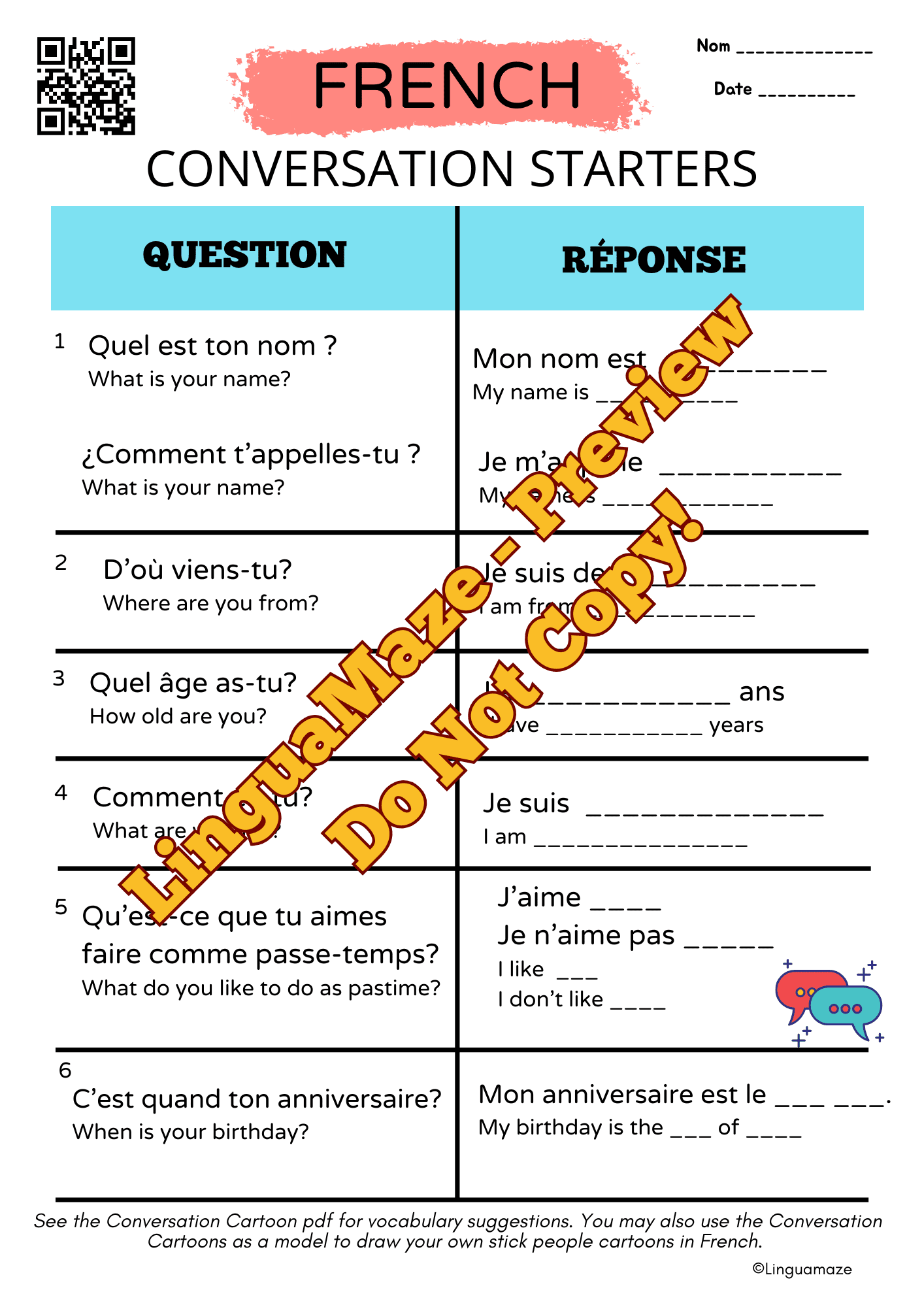 Sample preview page from French Conversation Questions & Guided Prompts - LinguaMaze worksheet