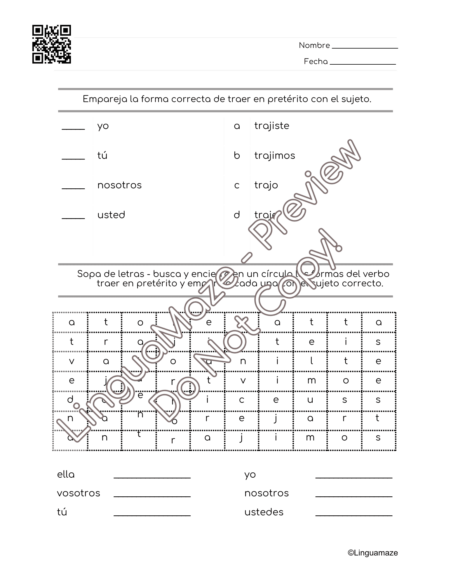 Sample preview page from Traer Irregular Spanish Preterite Verb - LinguaMaze worksheet