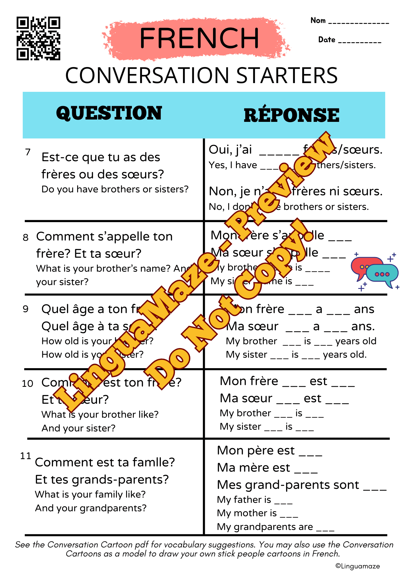 Sample preview page from French Conversation Questions & Guided Prompts - LinguaMaze worksheet
