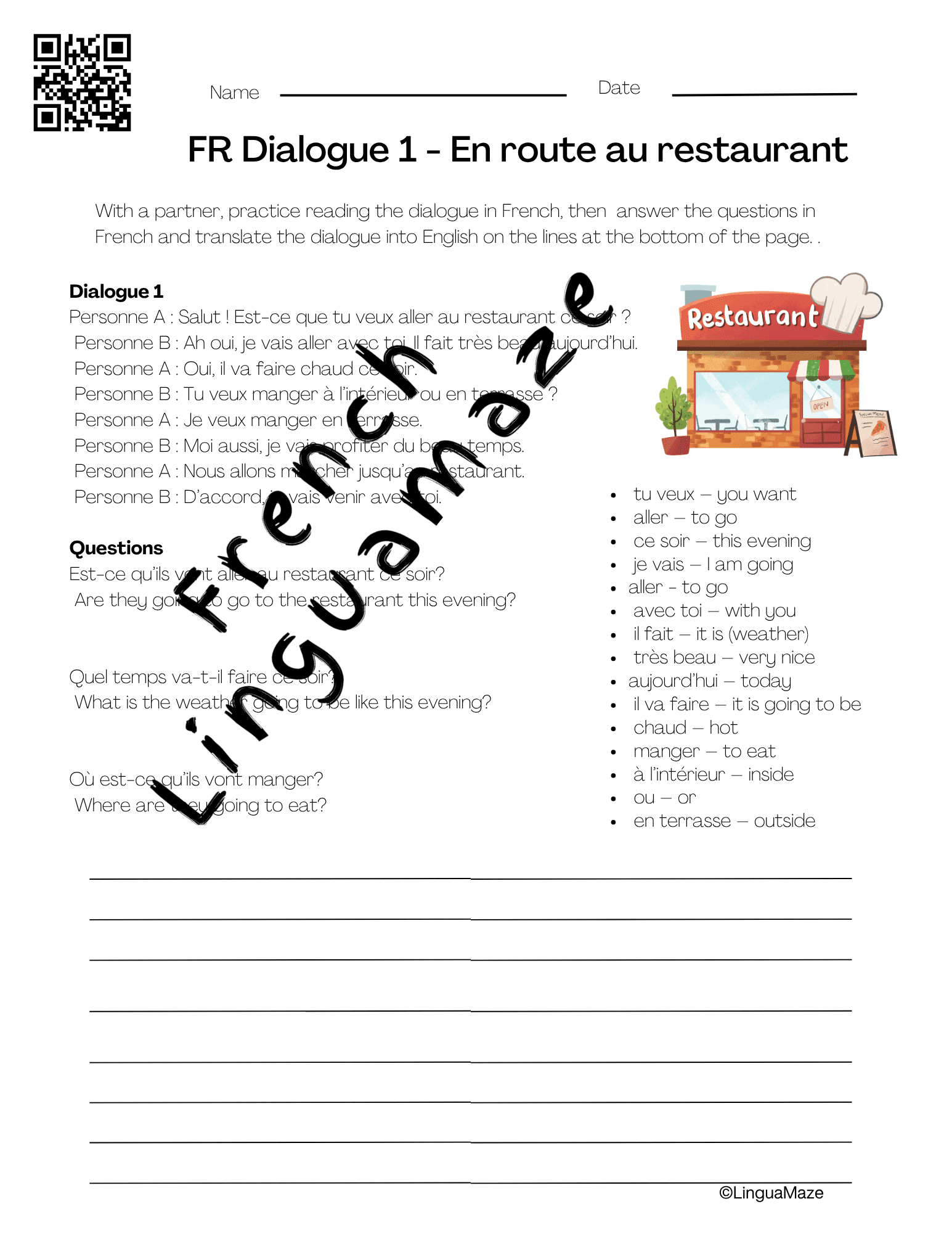 Sample preview page from French Restaurant Dialogues 6 Step PDF and Audio Mini Series - LinguaMaze worksheet