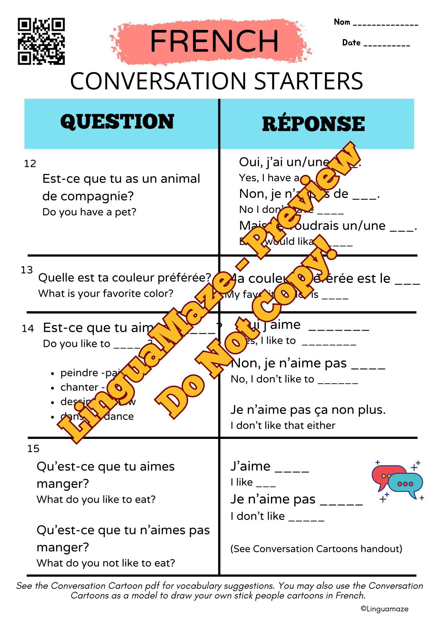 Sample preview page from French Conversation Questions & Guided Prompts - LinguaMaze worksheet