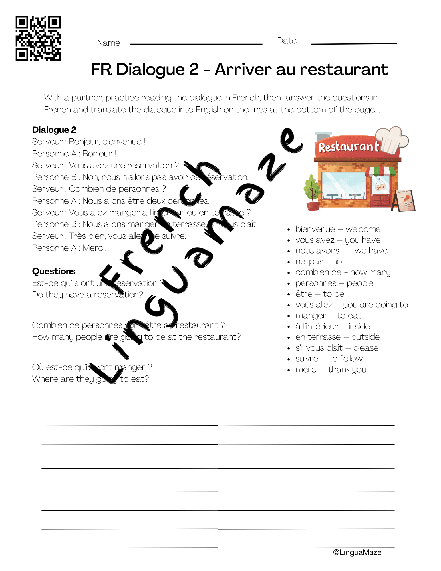 Sample preview page from French Restaurant Dialogues 6 Step PDF and Audio Mini Series - LinguaMaze worksheet
