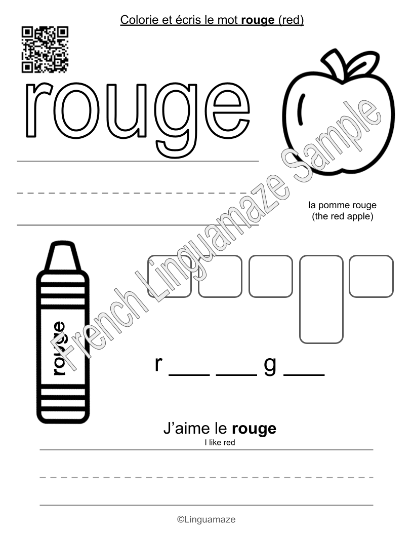 Sample preview page from French Colors – Color Trace & Write - LinguaMaze worksheet