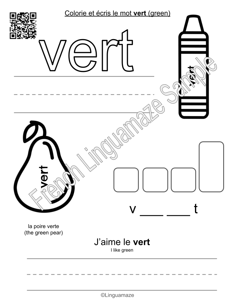 Sample preview page from French Colors – Color Trace & Write - LinguaMaze worksheet