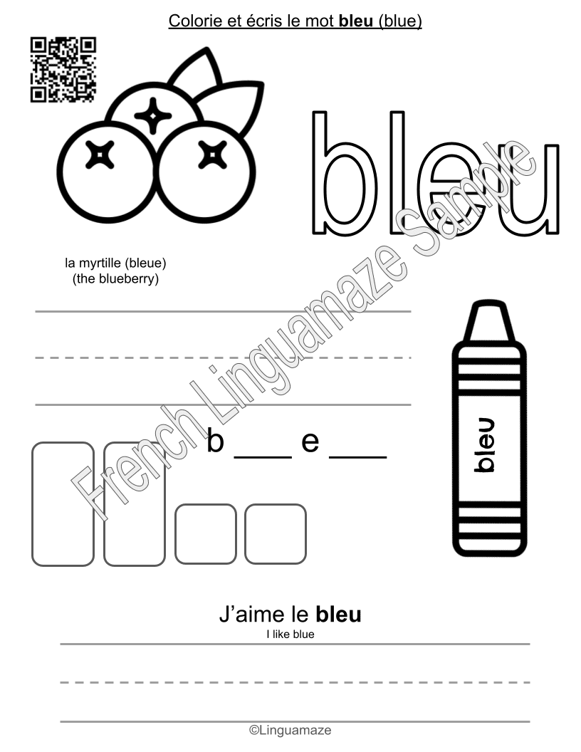 Sample preview page from French Colors – Color Trace & Write - LinguaMaze worksheet