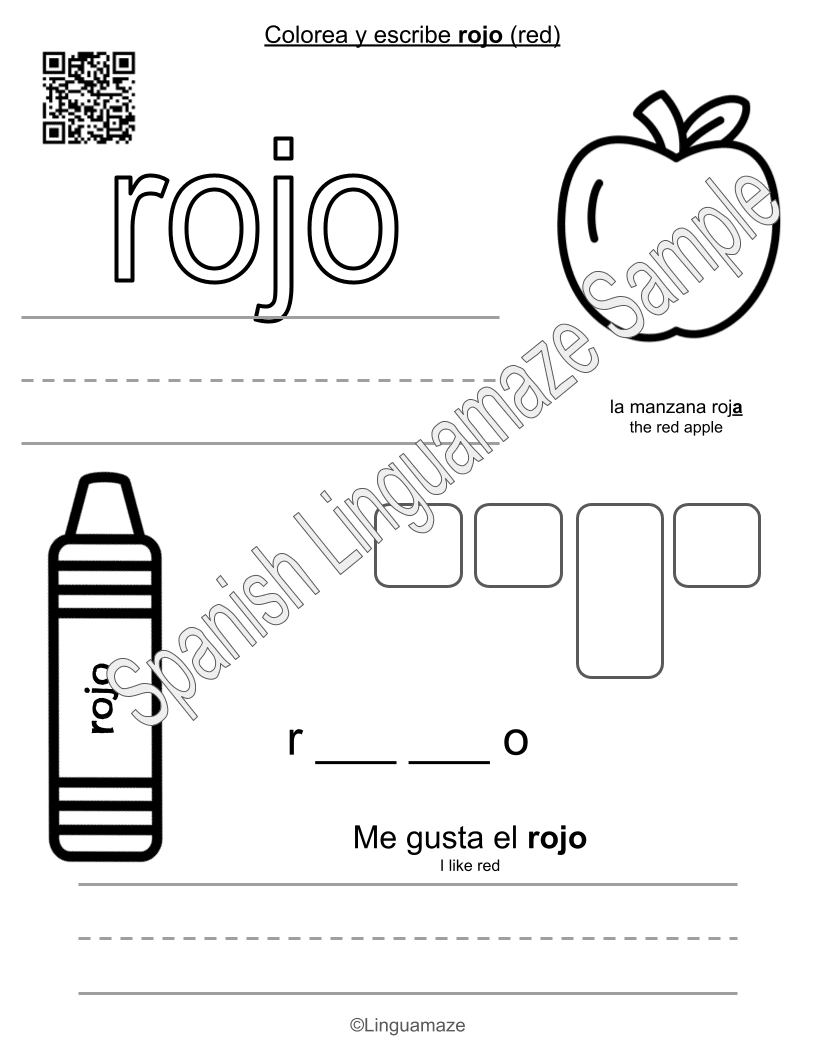 Sample preview page from Spanish Colors – Color Trace & Write - LinguaMaze worksheet