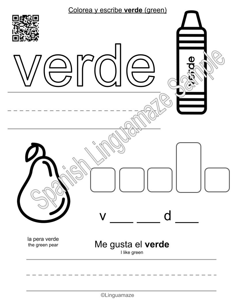 Sample preview page from Spanish Colors – Color Trace & Write - LinguaMaze worksheet
